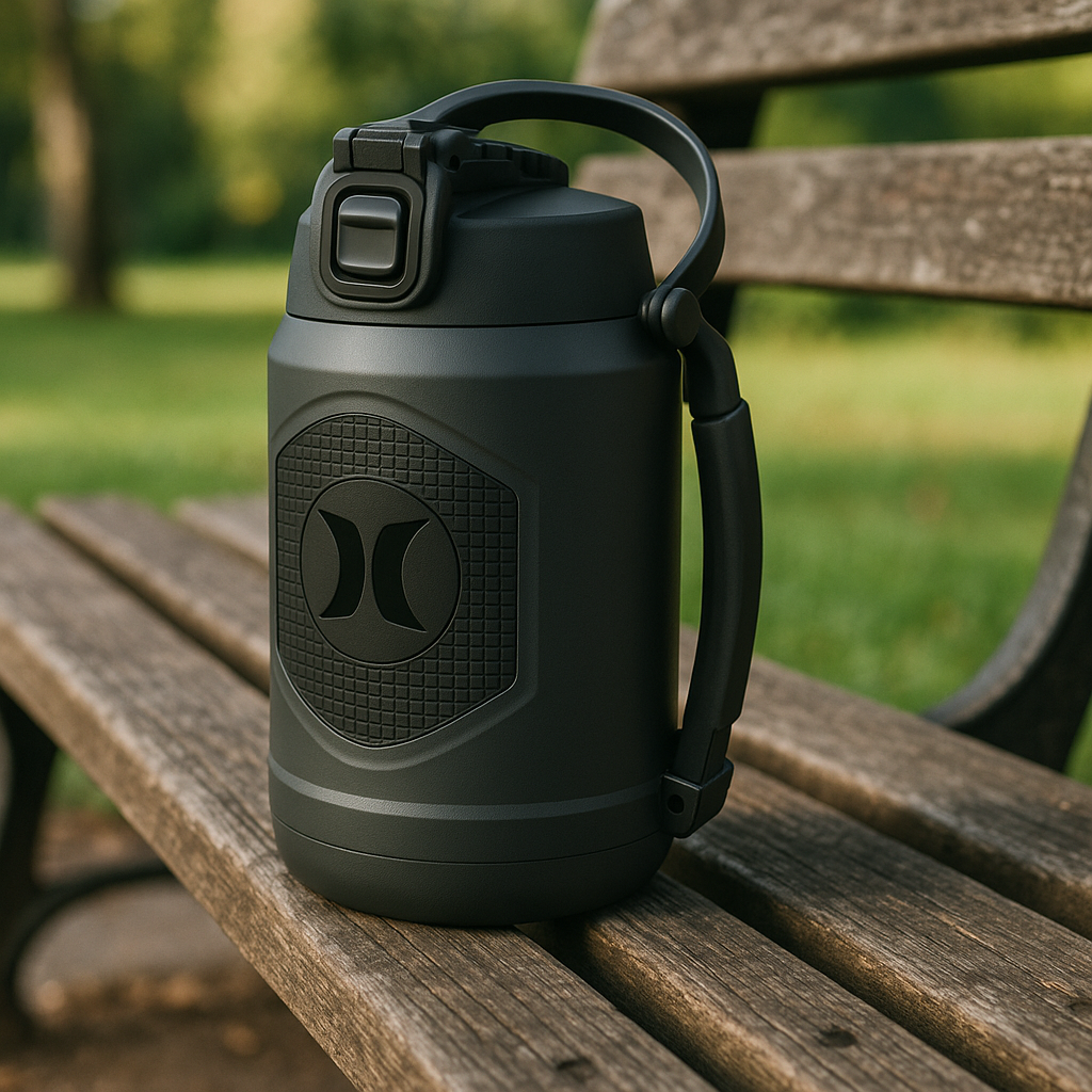 Hurley 1.9L Stainless Steel Water Bottle – Leakproof, 12-Hour Cold, with Handle (Black/Grey)