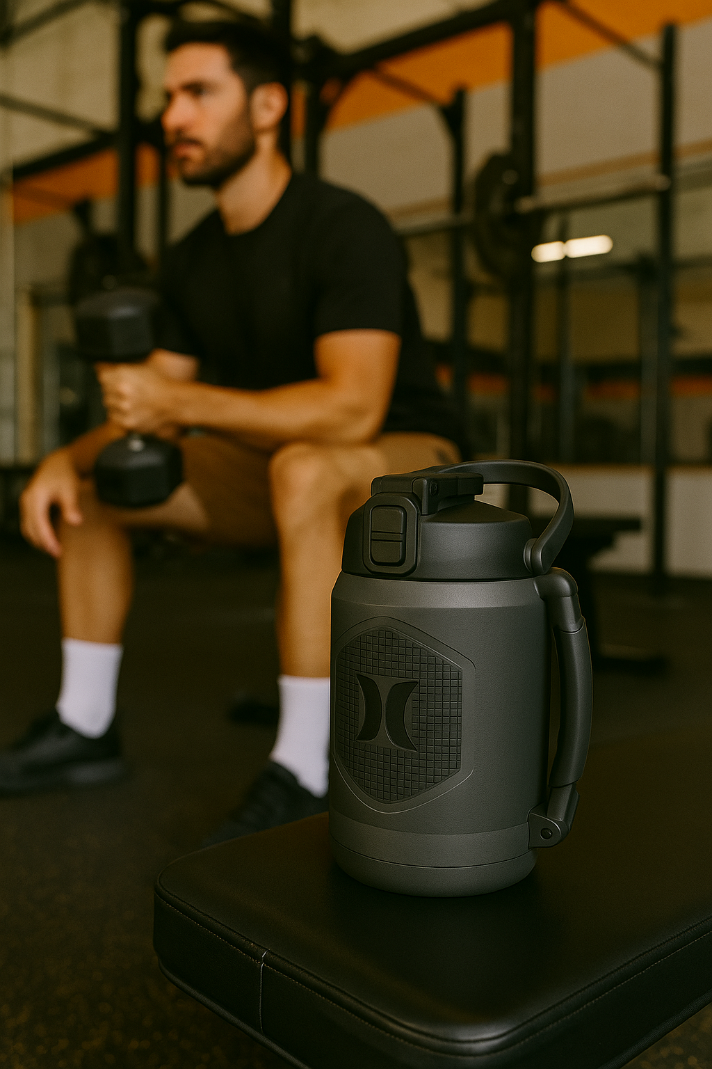 Hurley 1.9L Stainless Steel Water Bottle – Leakproof, 12-Hour Cold, with Handle (Black/Grey)