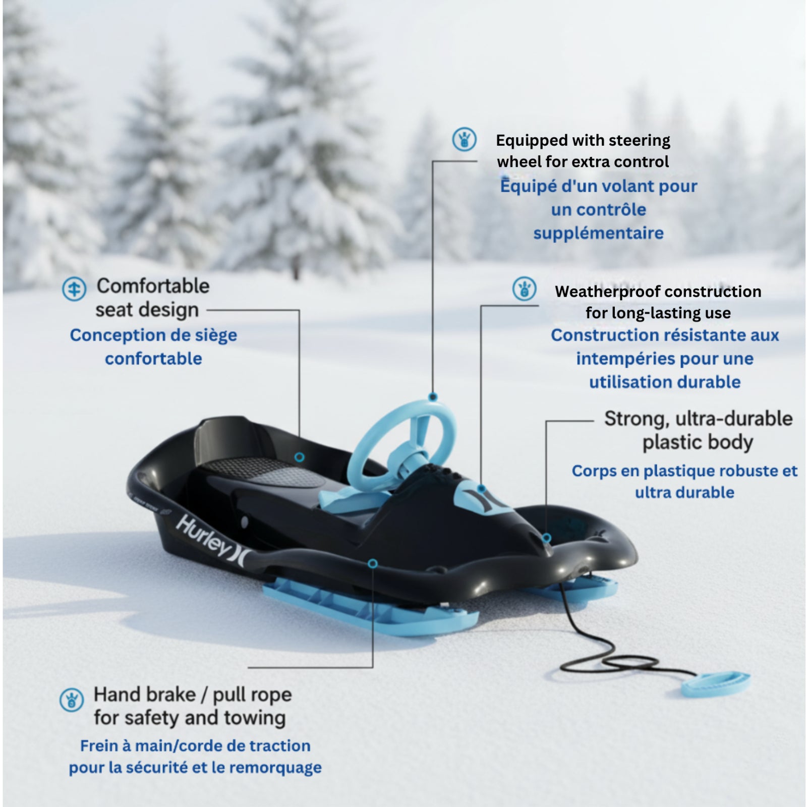 Hurley Kids Steerable Snow Sled - Blue(1700011B)