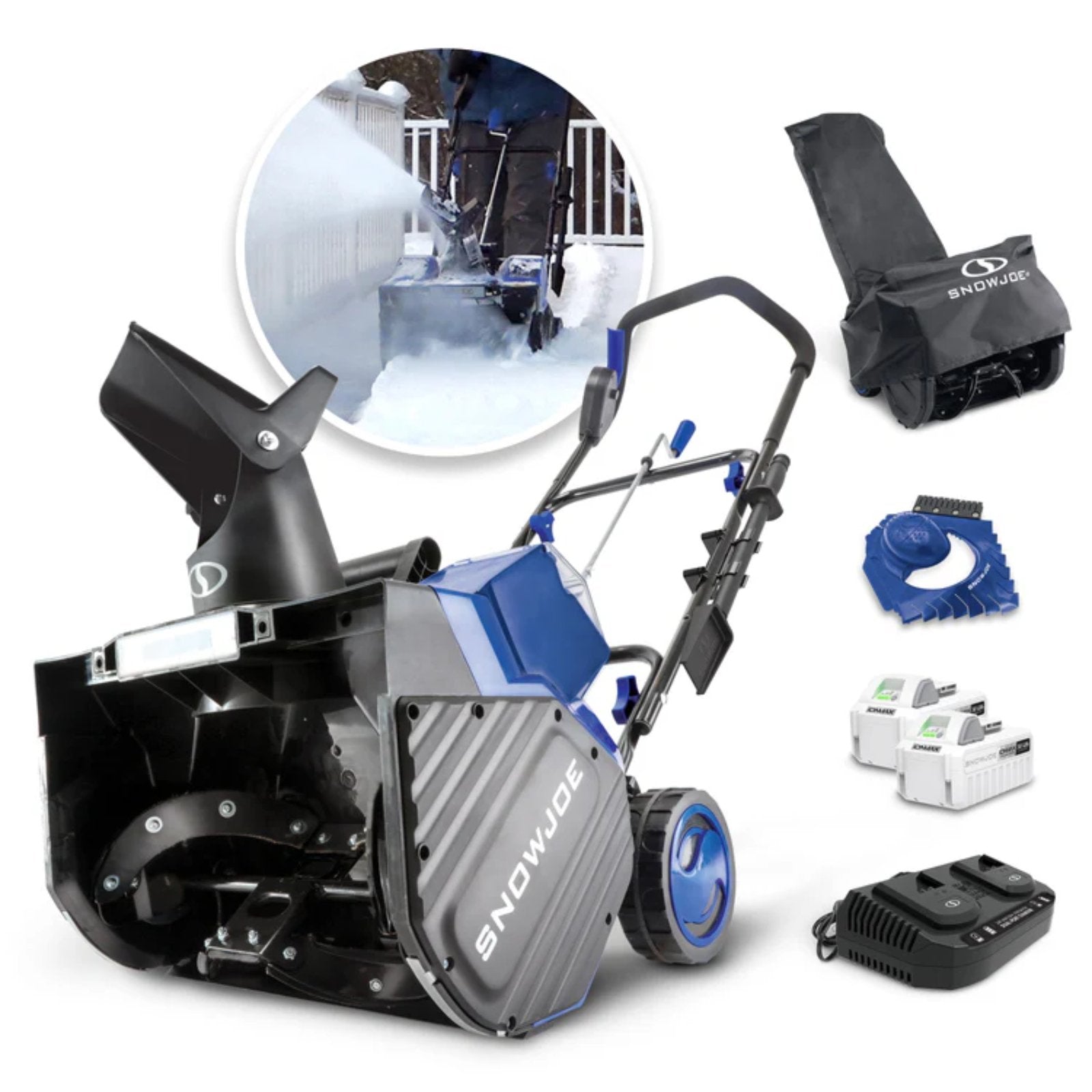 Snow Joe 48-Volt* IONMAX Snow Blower Bundle | 2 x 4.0-Ah Batteries, Dual Port Charger, Cover, Ice Scraper, and Extended Warranty