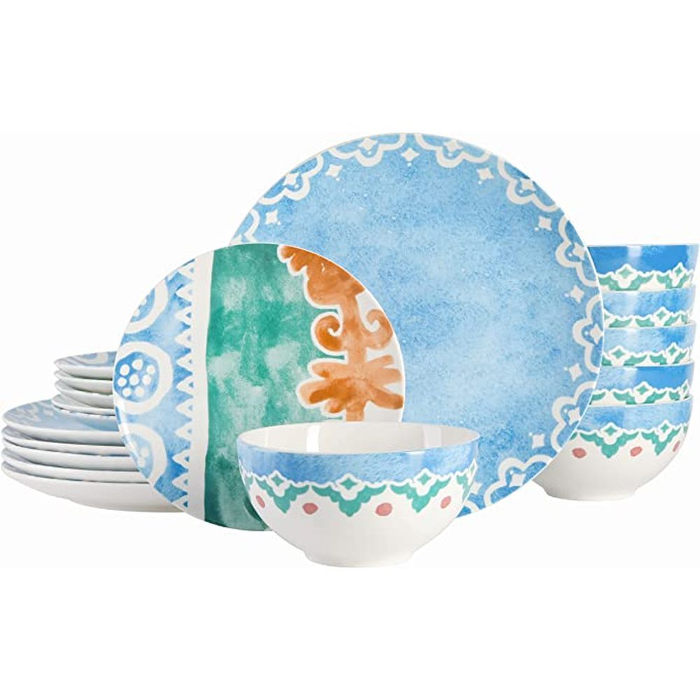 Tia Mowry 18 Piece Fine Ceramic Dinnerware Set, Golden Blue