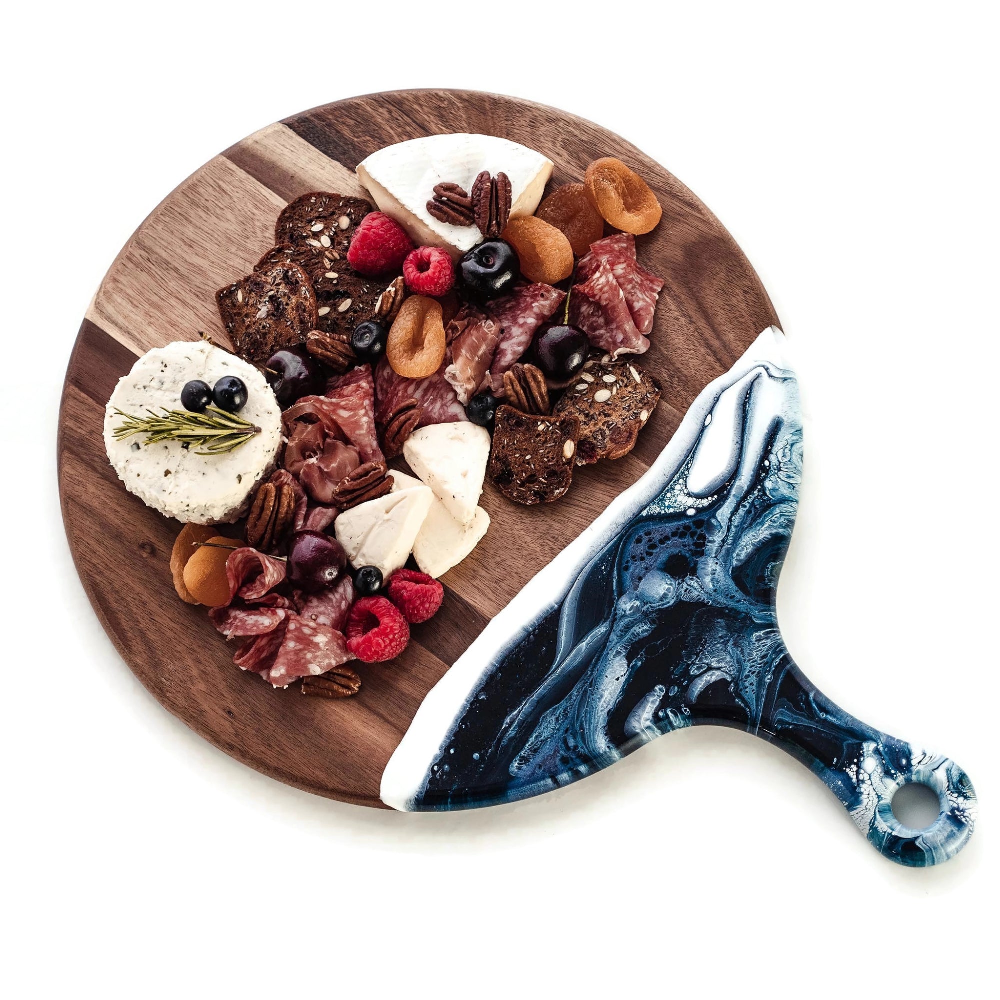 Lynn & Liana Handmade 12" Acacia Cheese Paddle, Navy White Metallic Design