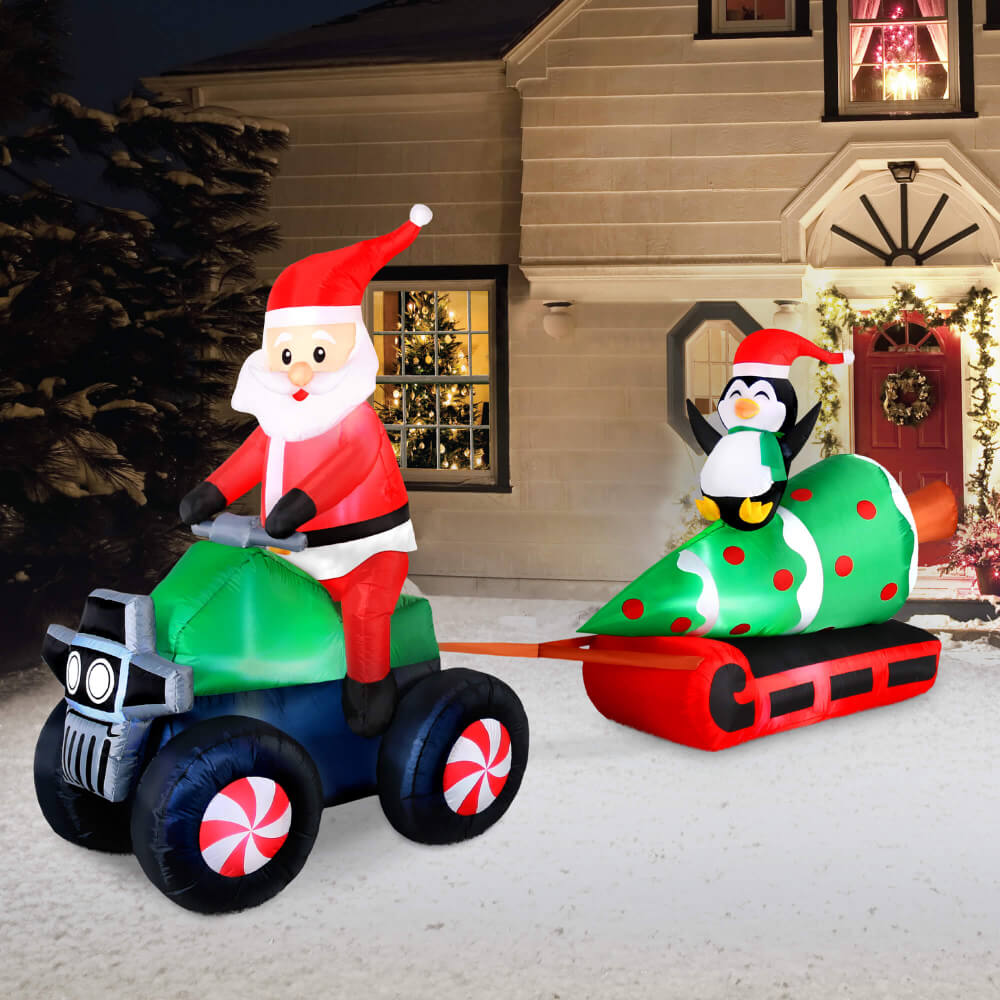 Occasions Christmas 12 Foot Inflatable Santa on ATV Pulling Tree, Penguin
