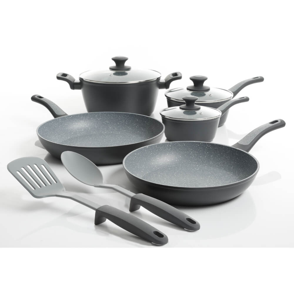 Oster Bastone 10 Piece Aluminum Cookware Set W/ Kitchen Tools, Soft Touch Bakelite Handle