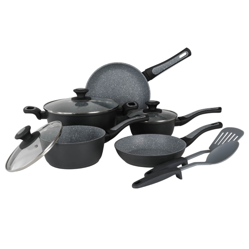 Oster Bastone 10 Piece Aluminum Cookware Set W/ Kitchen Tools, Soft Touch Bakelite Handle