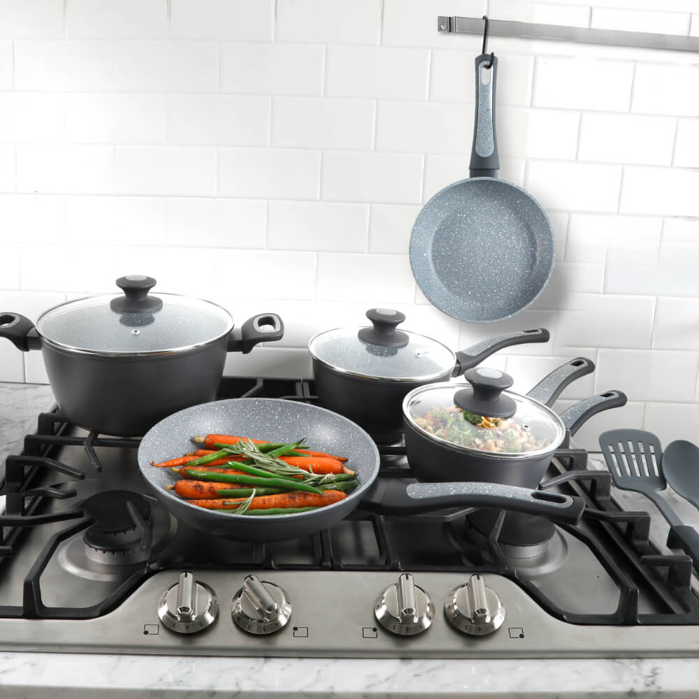 Oster Bastone 10 Piece Aluminum Cookware Set W/ Kitchen Tools, Soft Touch Bakelite Handle