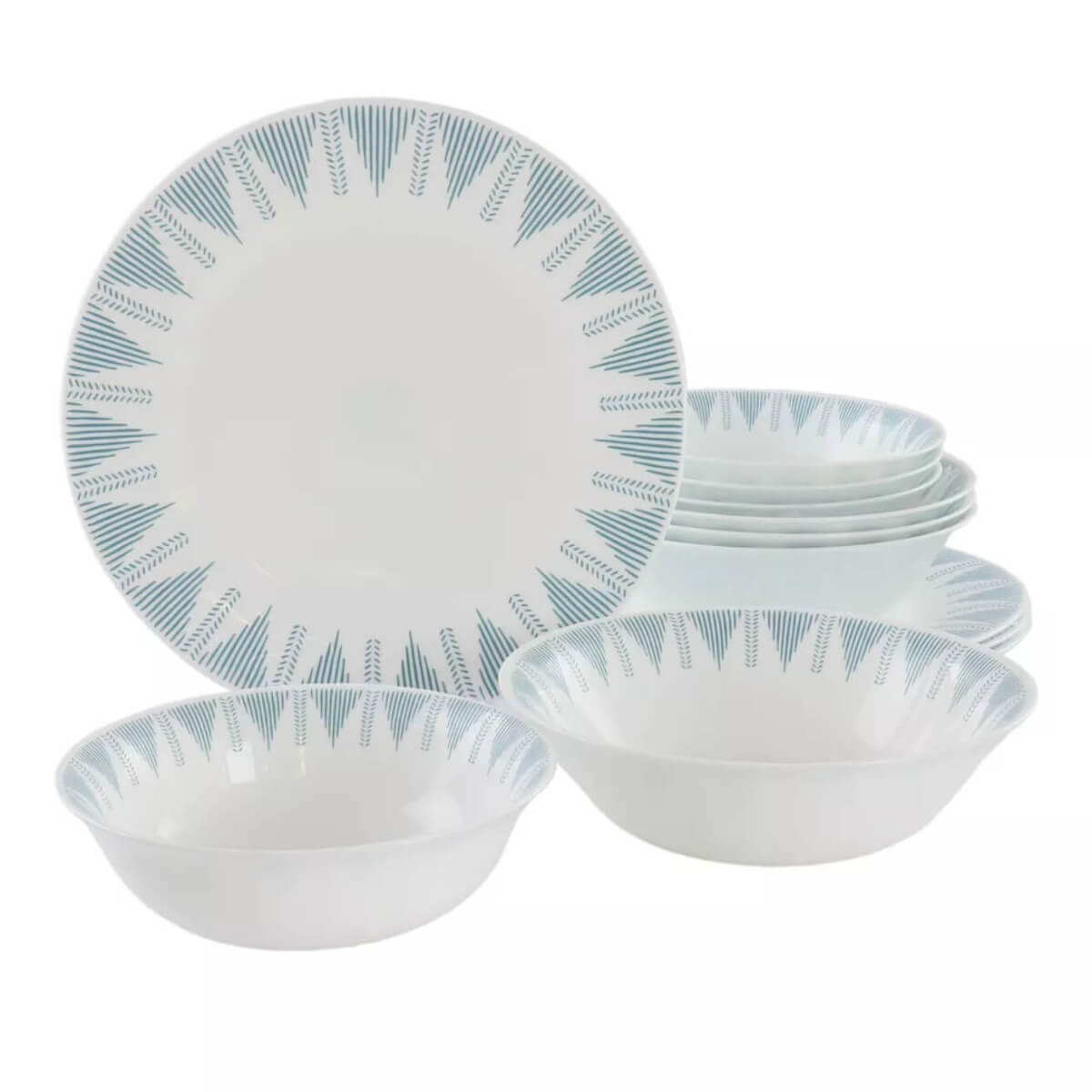Ultra By Gibson Piper Point 12 Piece Double Bowl Dinnerware Set, Teal, Opal Glass