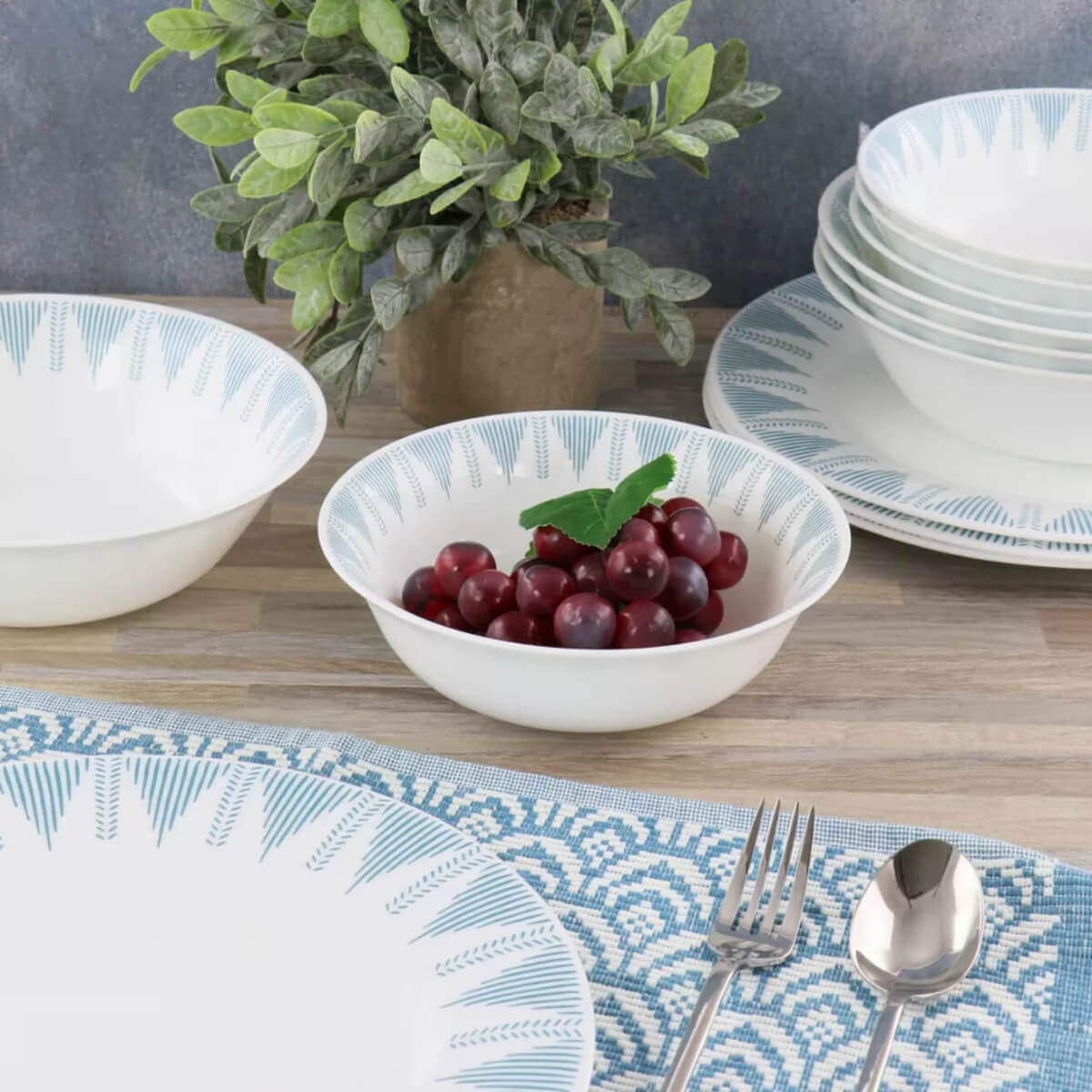 Ultra By Gibson Piper Point 12 Piece Double Bowl Dinnerware Set, Teal, Opal Glass