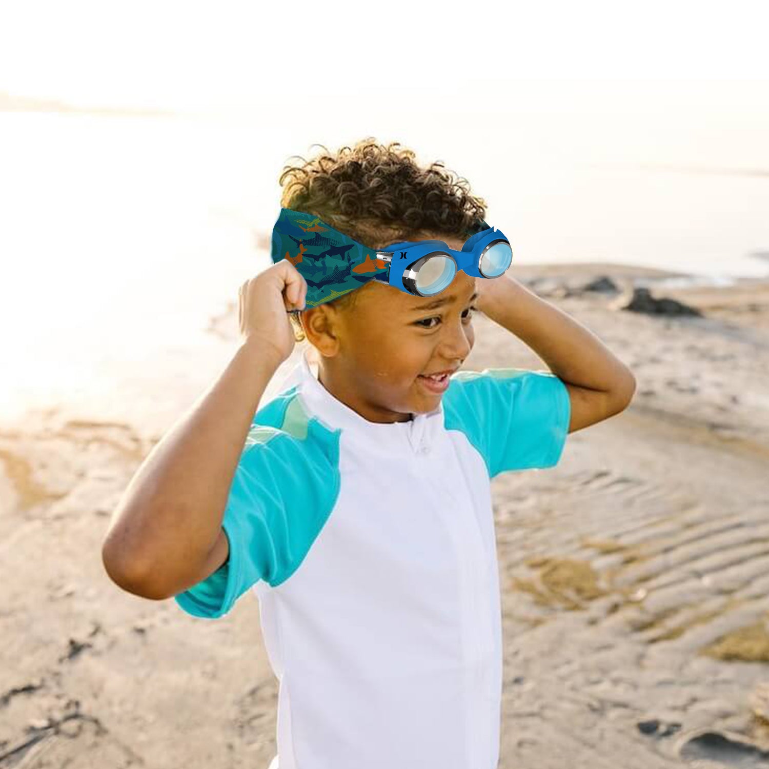 Hurley Kids Shark Design Swim Goggle With Hair Safety Fabric Strap