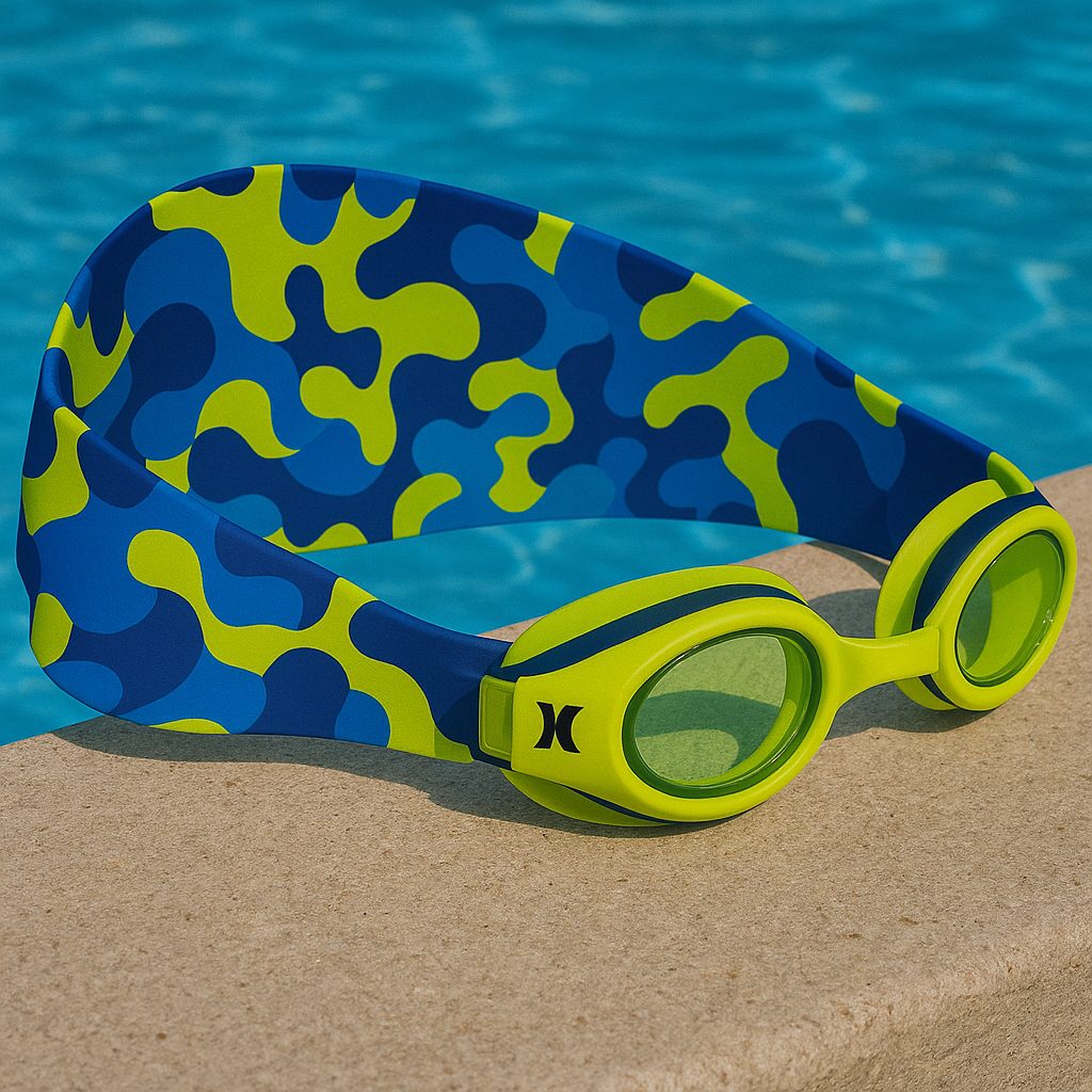 Hurley Kids Neon Camo Design Swim Goggles With Hair Safety Fabric Strap