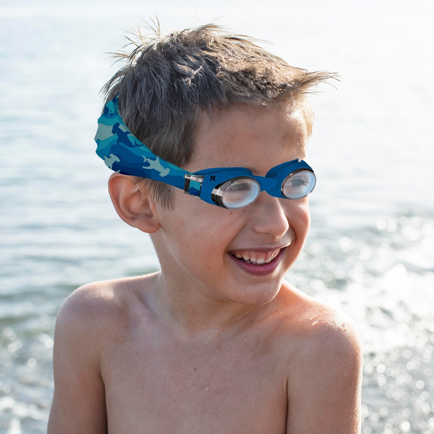 Hurley Kids Hammer Shark Design Swim Goggles With Hair Safty Fabric Strap
