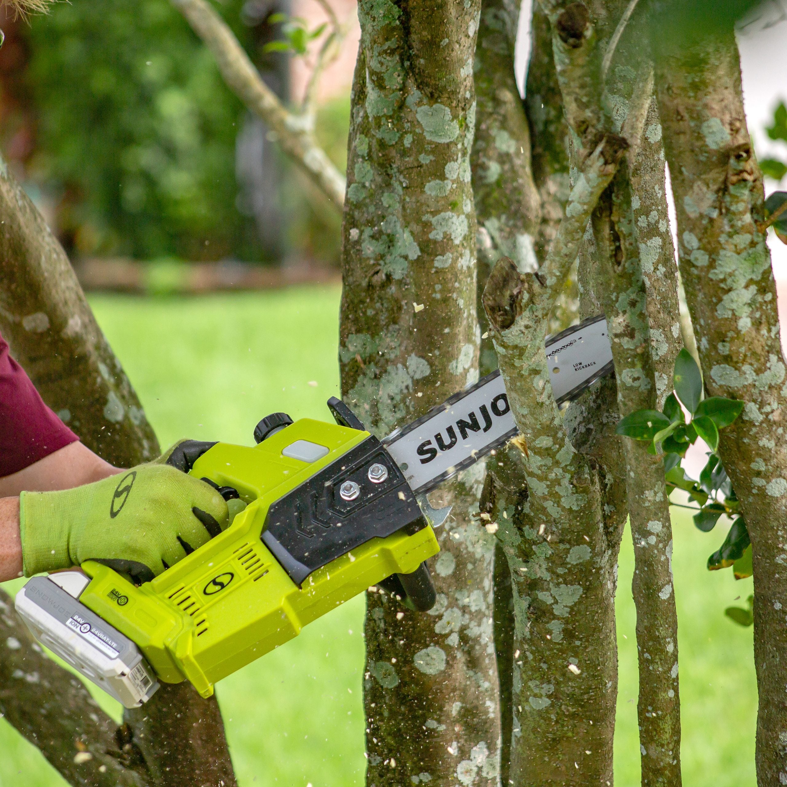 Sun Joe 24V iON 10 In, 4.0Ah Cordless Self Oiling Chain Saw, Tool-Less Bar/Chain Tension