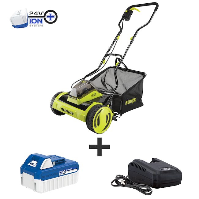 SunJoe 24V iON+ 15" Cordless Push Reel Mower, Rear Bag w/4.0-Ah Battery and Charger