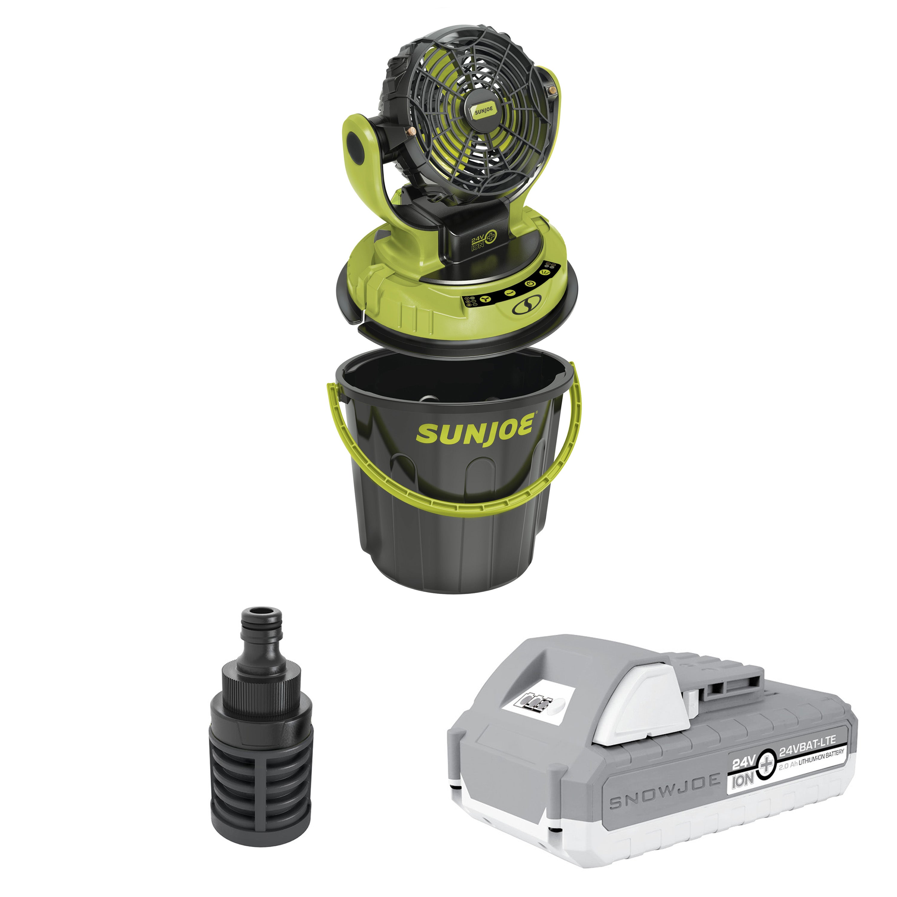 Sun Joe 24V, 2.0Ah Portable 3-Speed, Rot. Univ. Bucket Top Misting Fan with Bucket & Hose