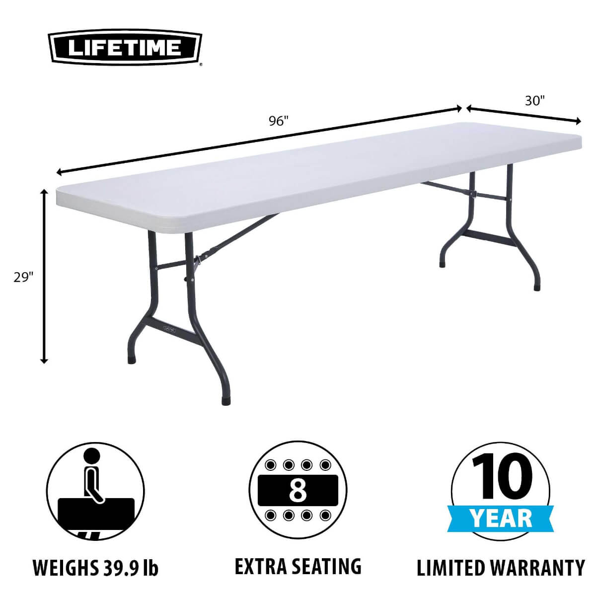 Lifetime Rectangle Commercial 8' Folding Table, White Granite Gray - Single