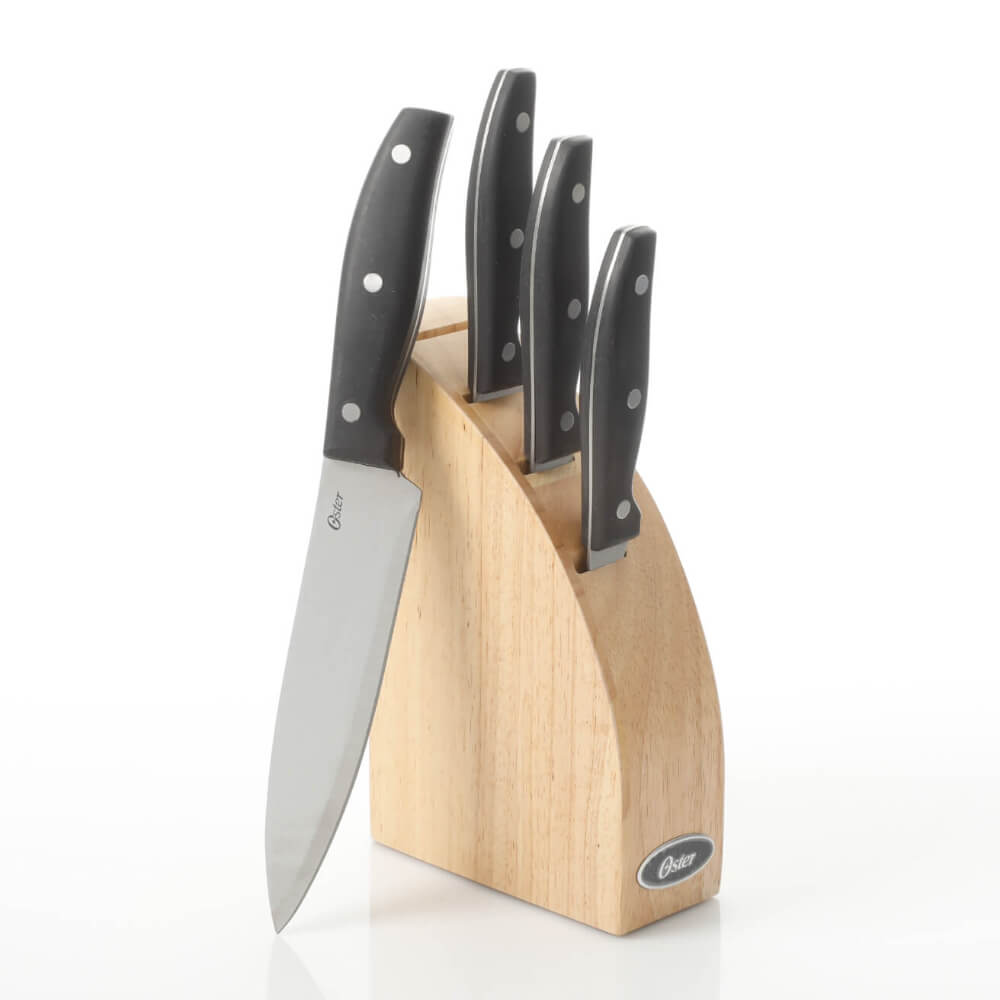 Oster Granger 5 Piece Cutlery Set W/Halfmoon Natural Wood Block, Full Tang W/Triple Rivets