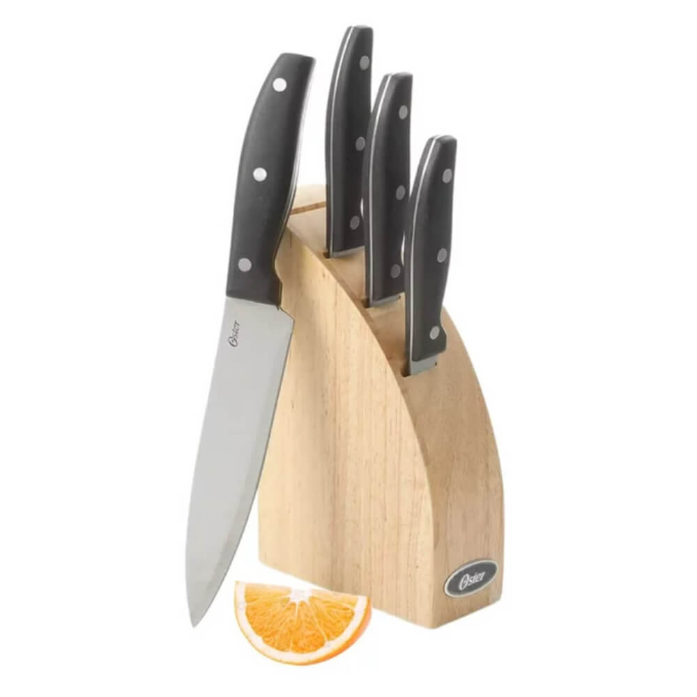 Oster Granger 5 Piece Cutlery Set W/Halfmoon Natural Wood Block, Full Tang W/Triple Rivets