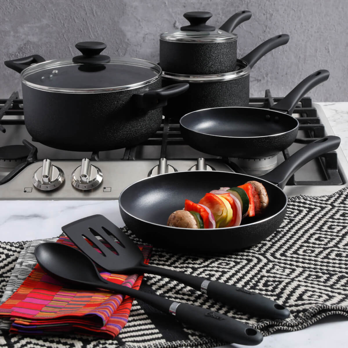 Oster Ashford 10 Piece Aluminum Nonstick Cookware Set, Black with Soft Touch Bakelite Handle