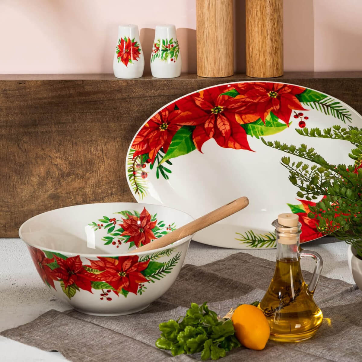 Gibson Home Magic Poinsettia 4 Piece Serving & Accessories Set, Fine Ceramic