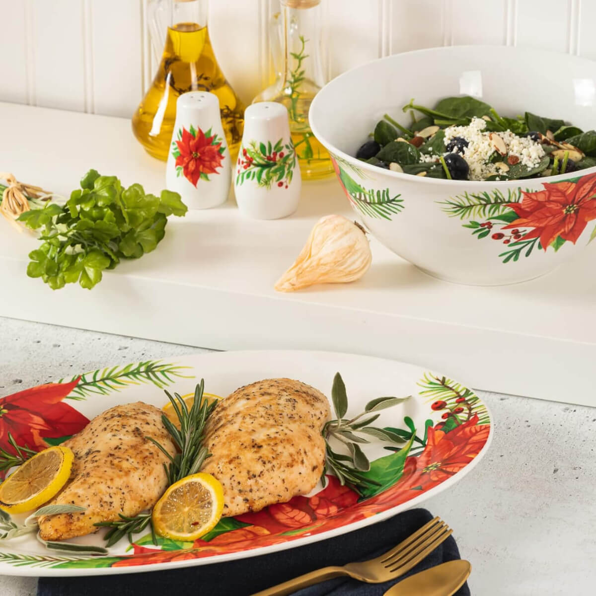 Gibson Home Magic Poinsettia 4 Piece Serving & Accessories Set, Fine Ceramic