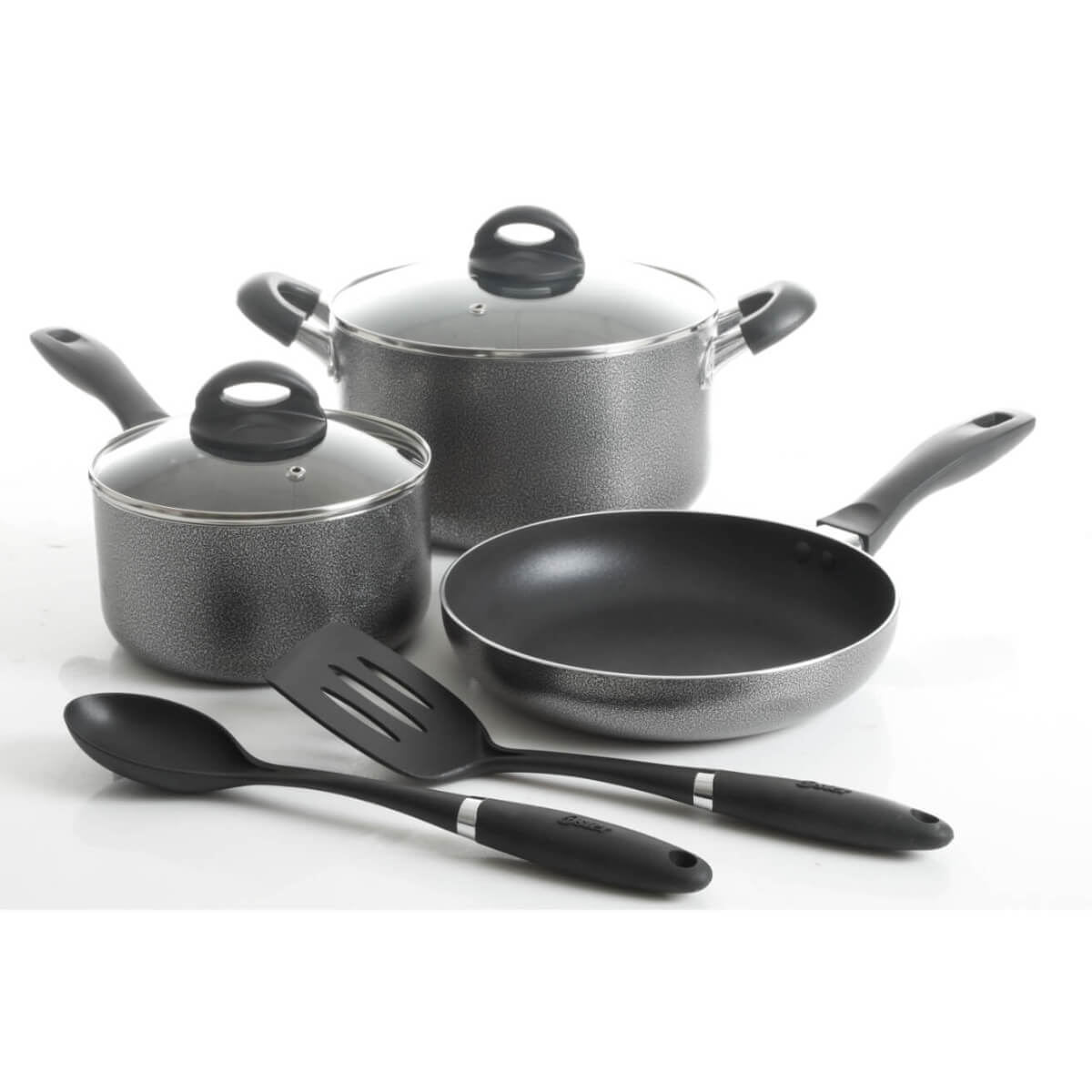 Oster Clairborne 7 Piece Aluminum Cookware Set W/ Kitchen Tools, Charcoal Grey with Bakelite handle