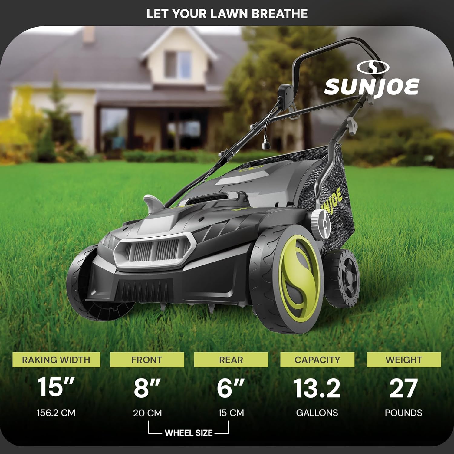 Sun Joe AJ808E Electric Lawn Dethatcher + Scarifier with Collection Bag | 15-inch + 15-Amp