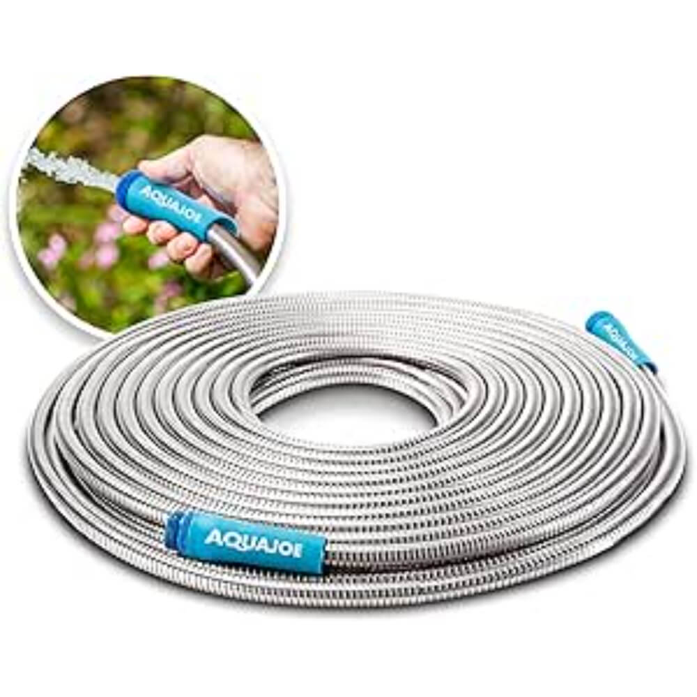 Sun Joe Heavy-Duty Spiral Constructed Stainless Steel Metal Garden Hose, 50-Feet