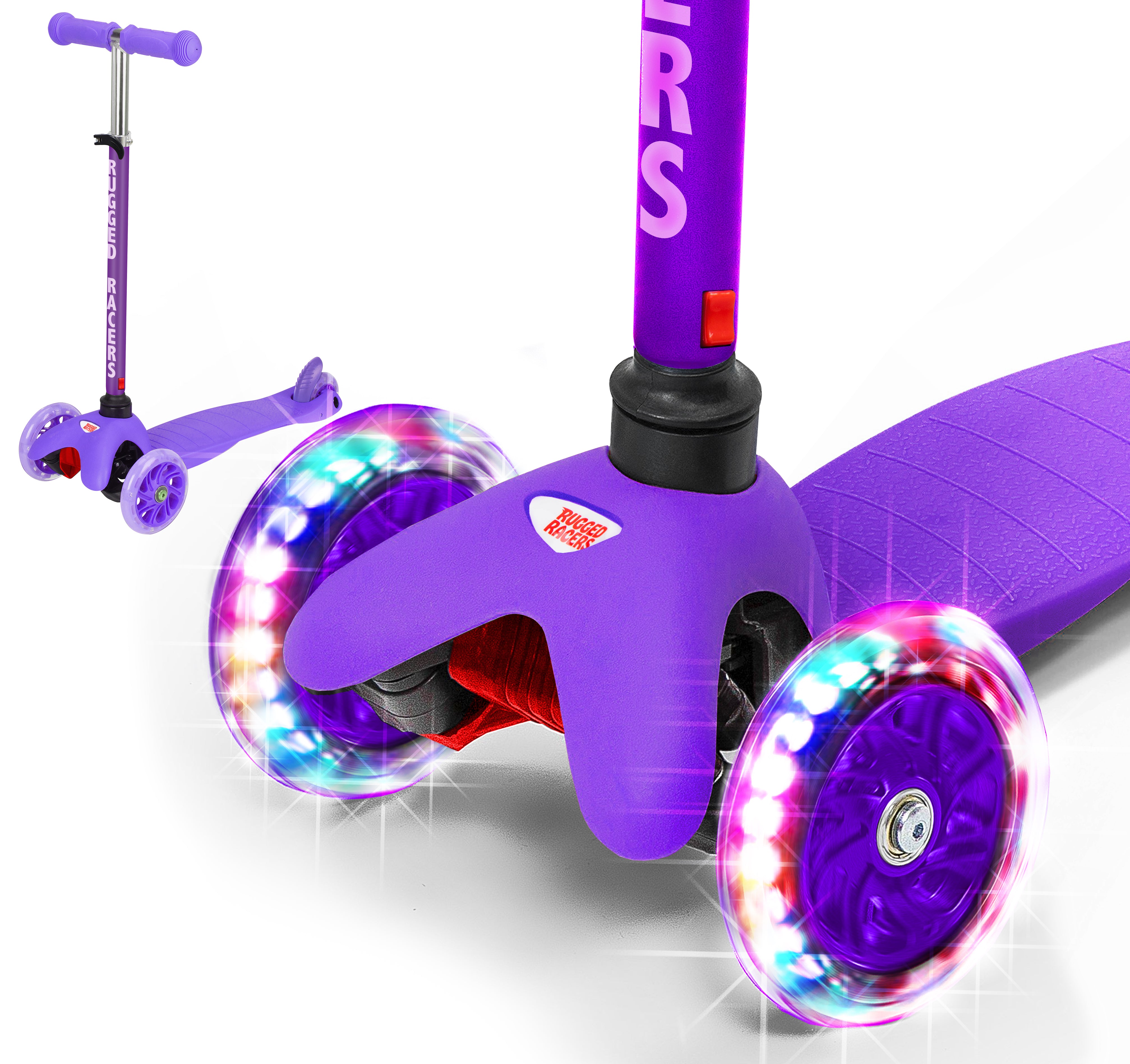 Rugged Racer Mini Deluxe 3 Wheel Kick Scooter with Led and Adjustable Height with Purple Design