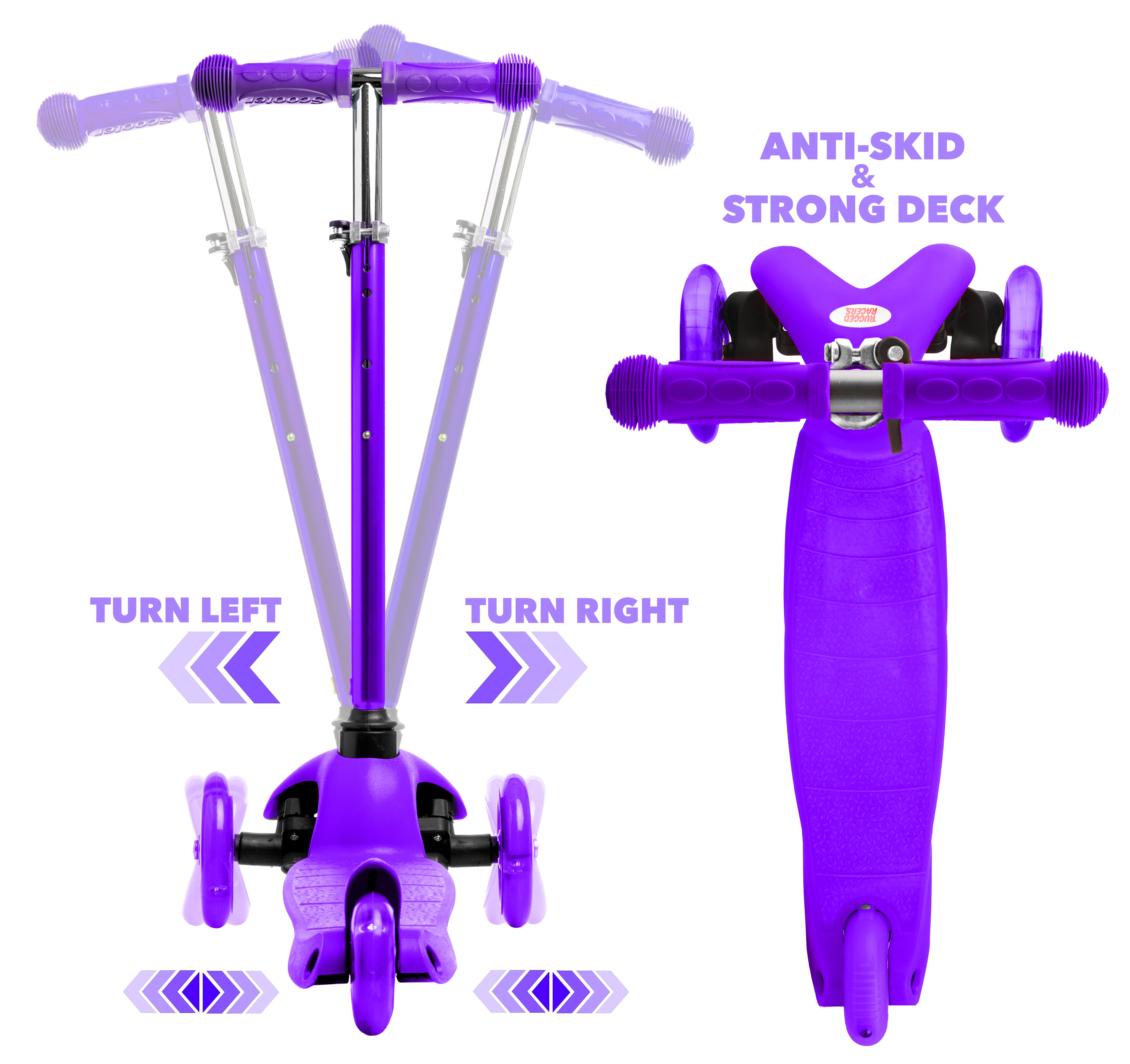 Rugged Racer Mini Deluxe 3 Wheel Kick Scooter with Led and Adjustable Height with Purple Design