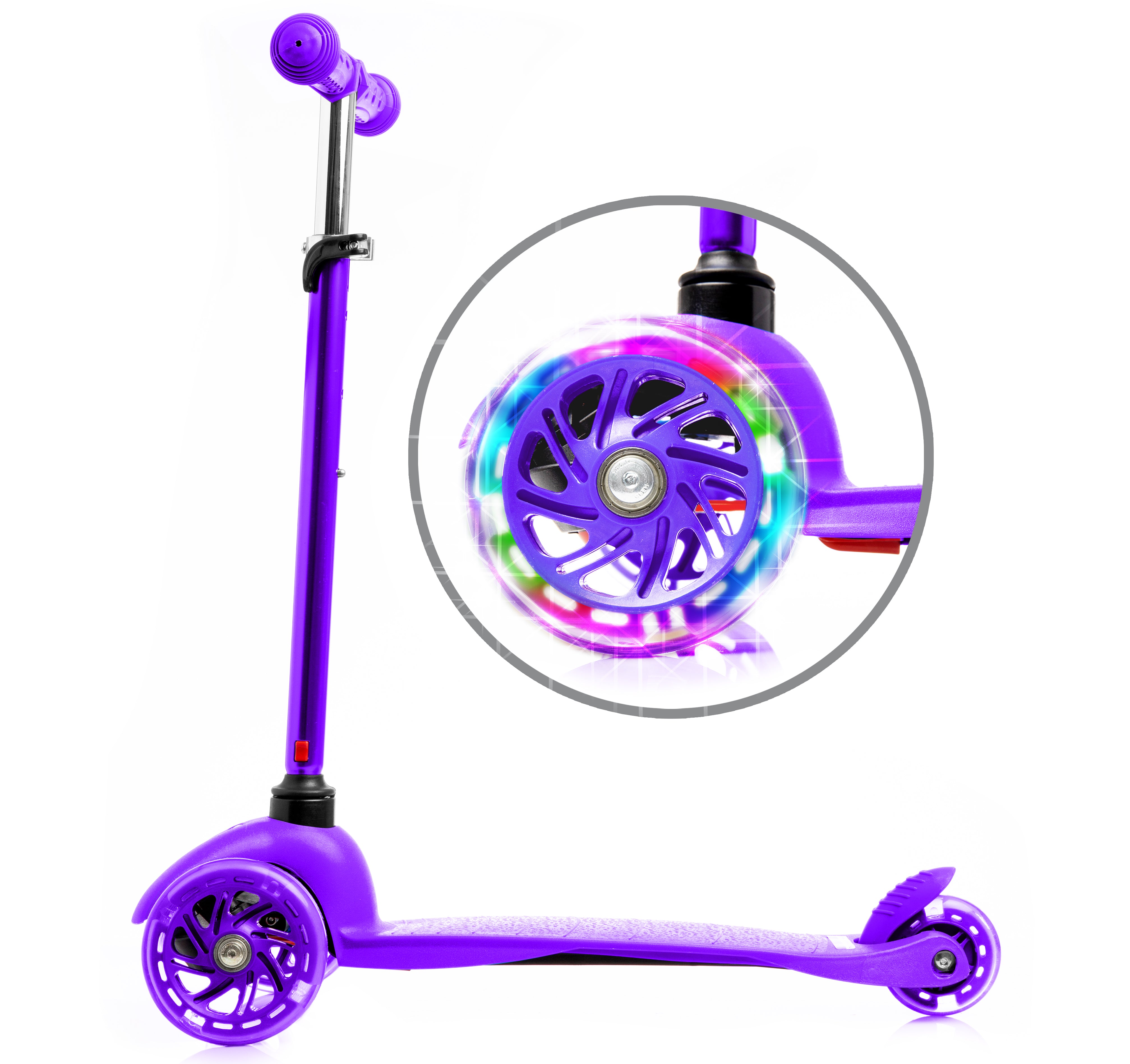 Rugged Racer Mini Deluxe 3 Wheel Kick Scooter with Led and Adjustable Height with Purple Design