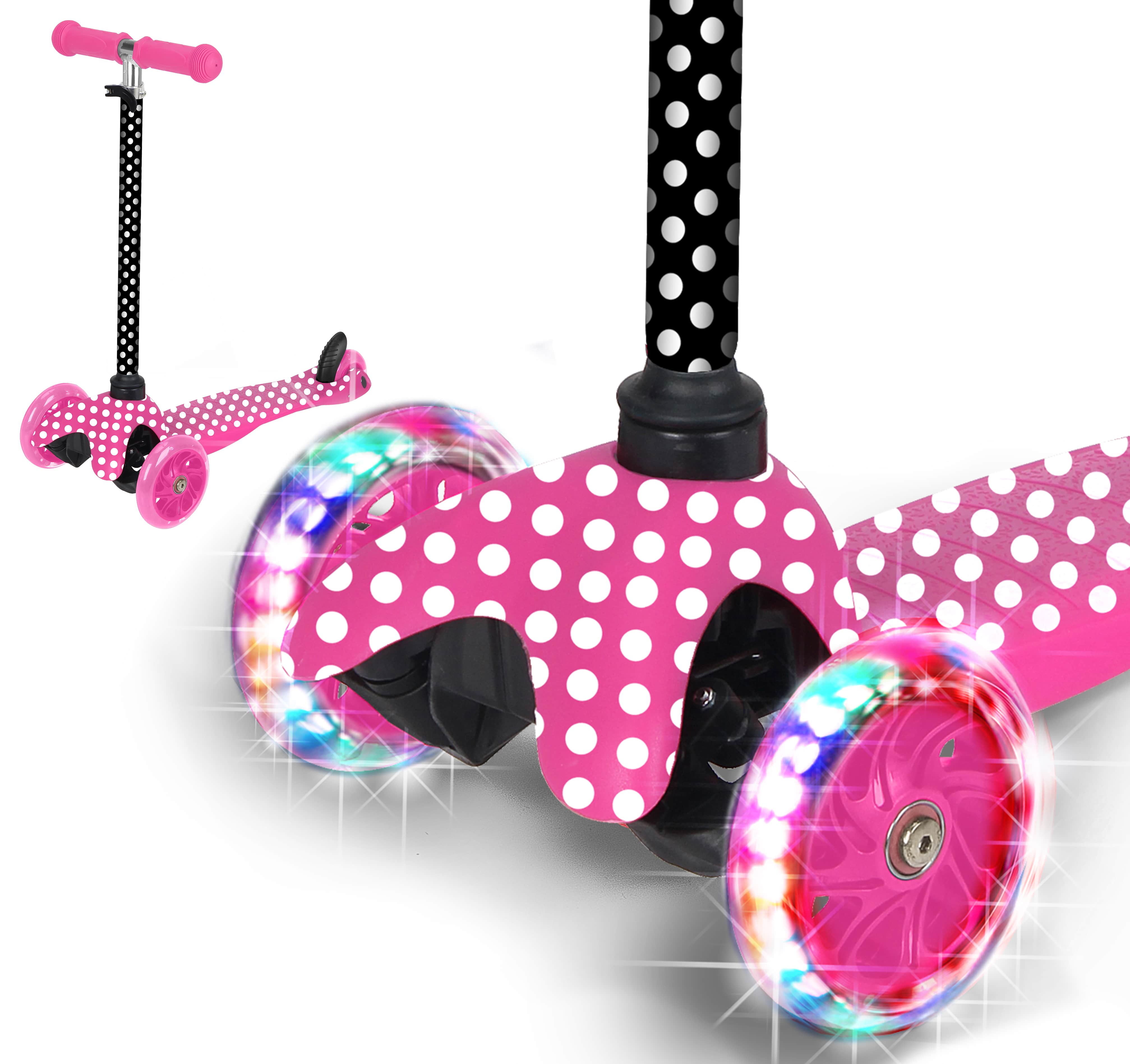 Rugged Racer Mini Deluxe 3-Wheel Scooter with LED Lights and Pink Polka Dot Design