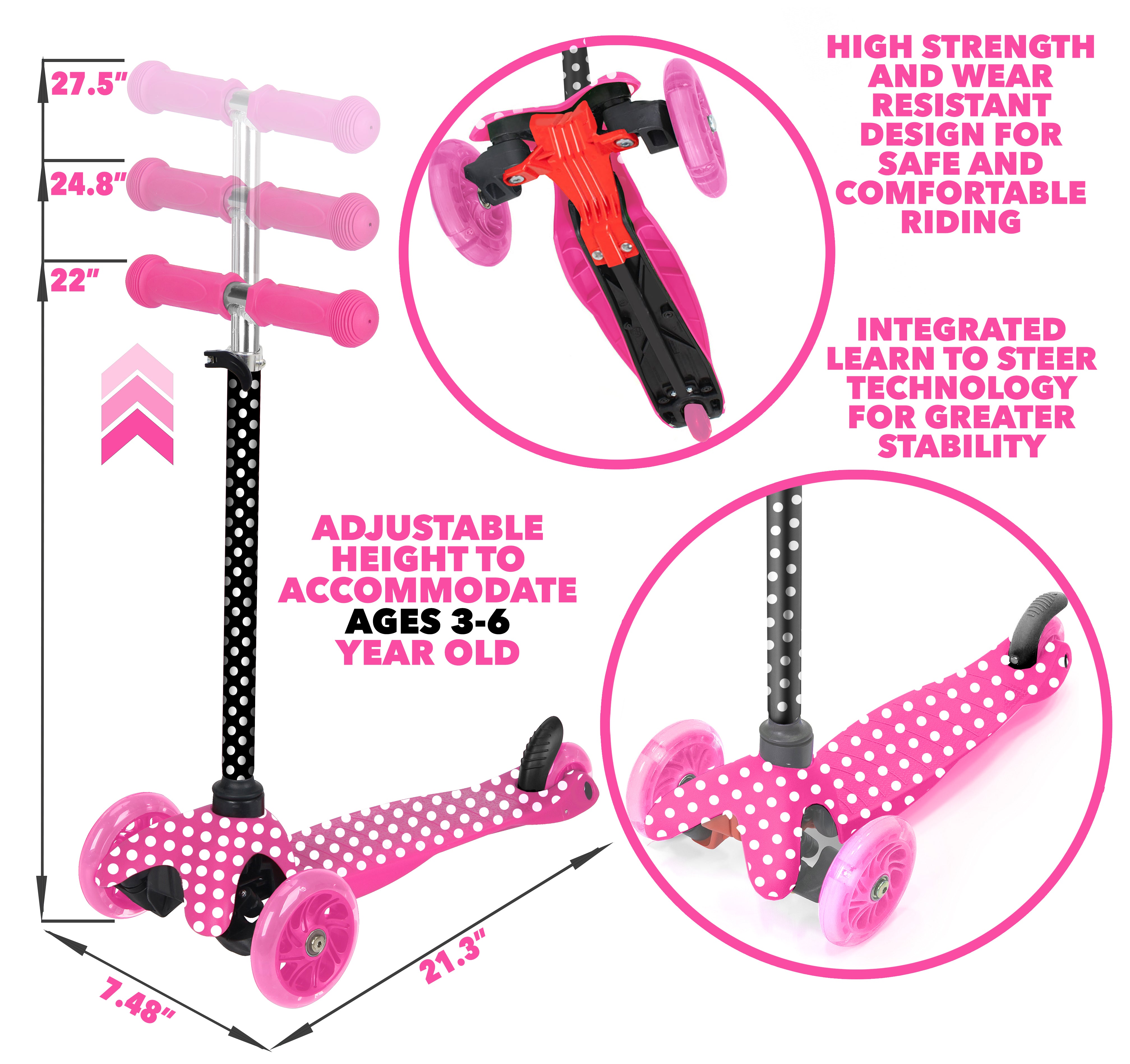Rugged Racer Mini Deluxe 3-Wheel Scooter with LED Lights and Pink Polka Dot Design