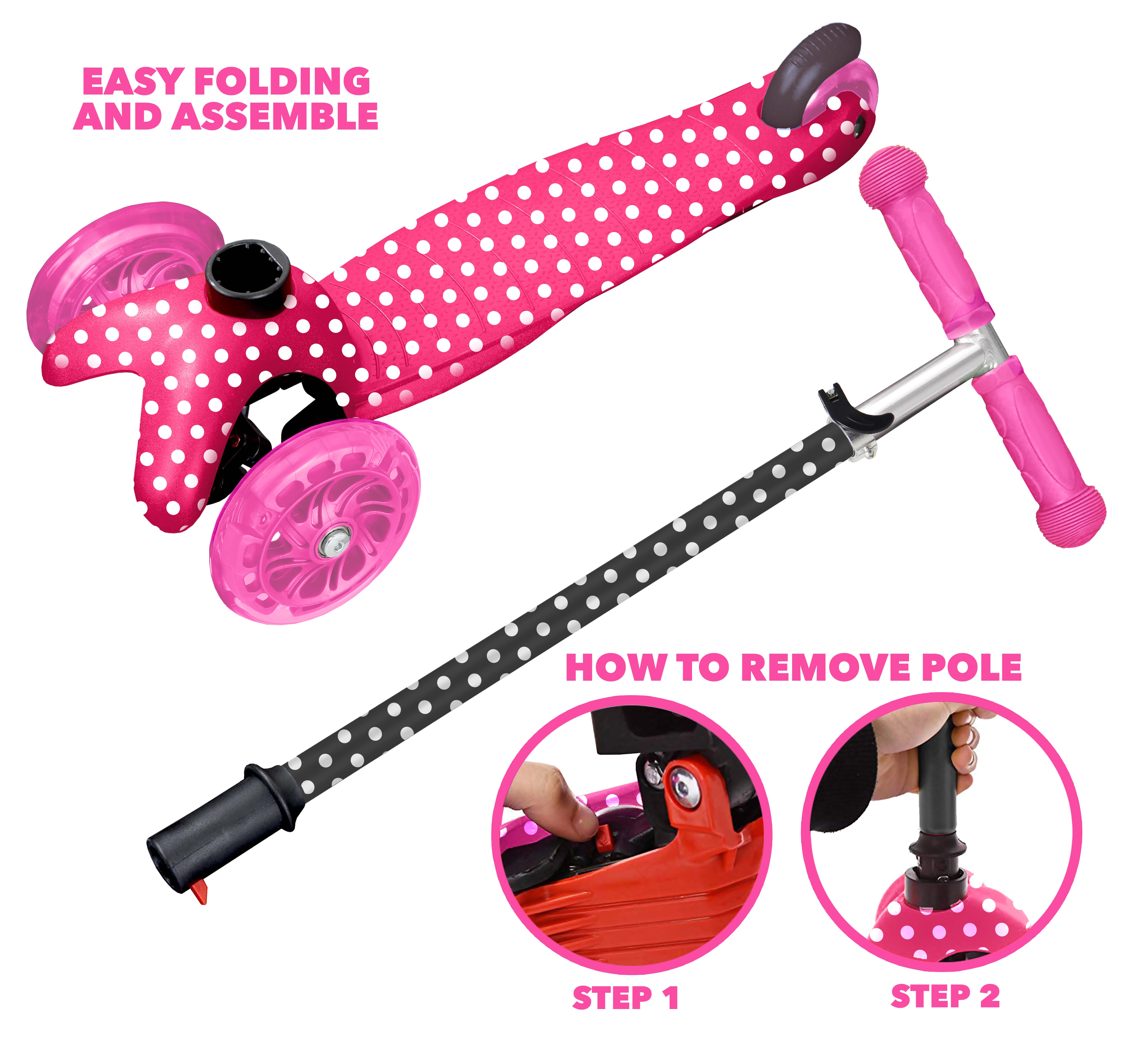 Rugged Racer Mini Deluxe 3-Wheel Scooter with LED Lights and Pink Polka Dot Design