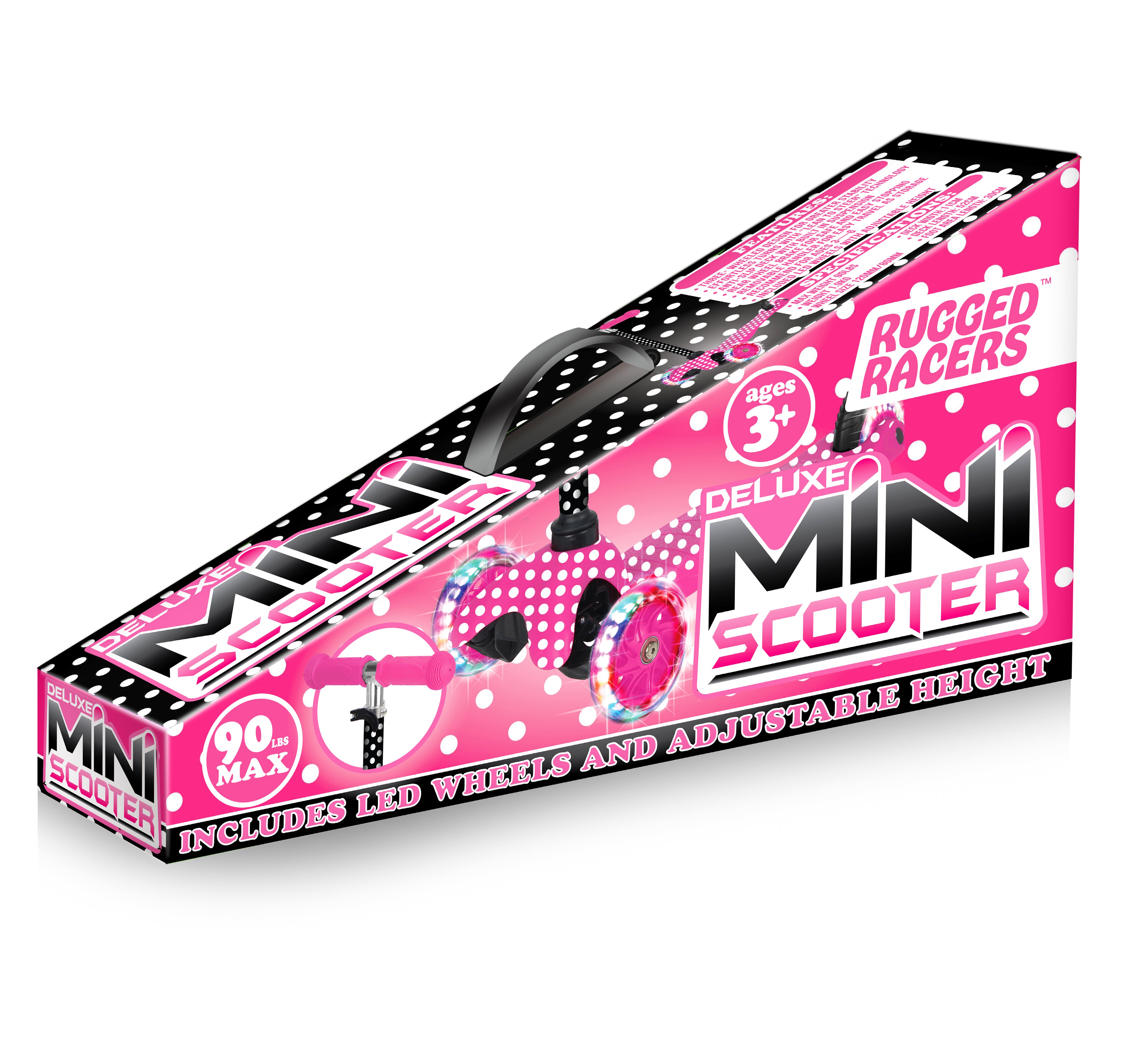 Rugged Racer Mini Deluxe 3-Wheel Scooter with LED Lights and Pink Polka Dot Design