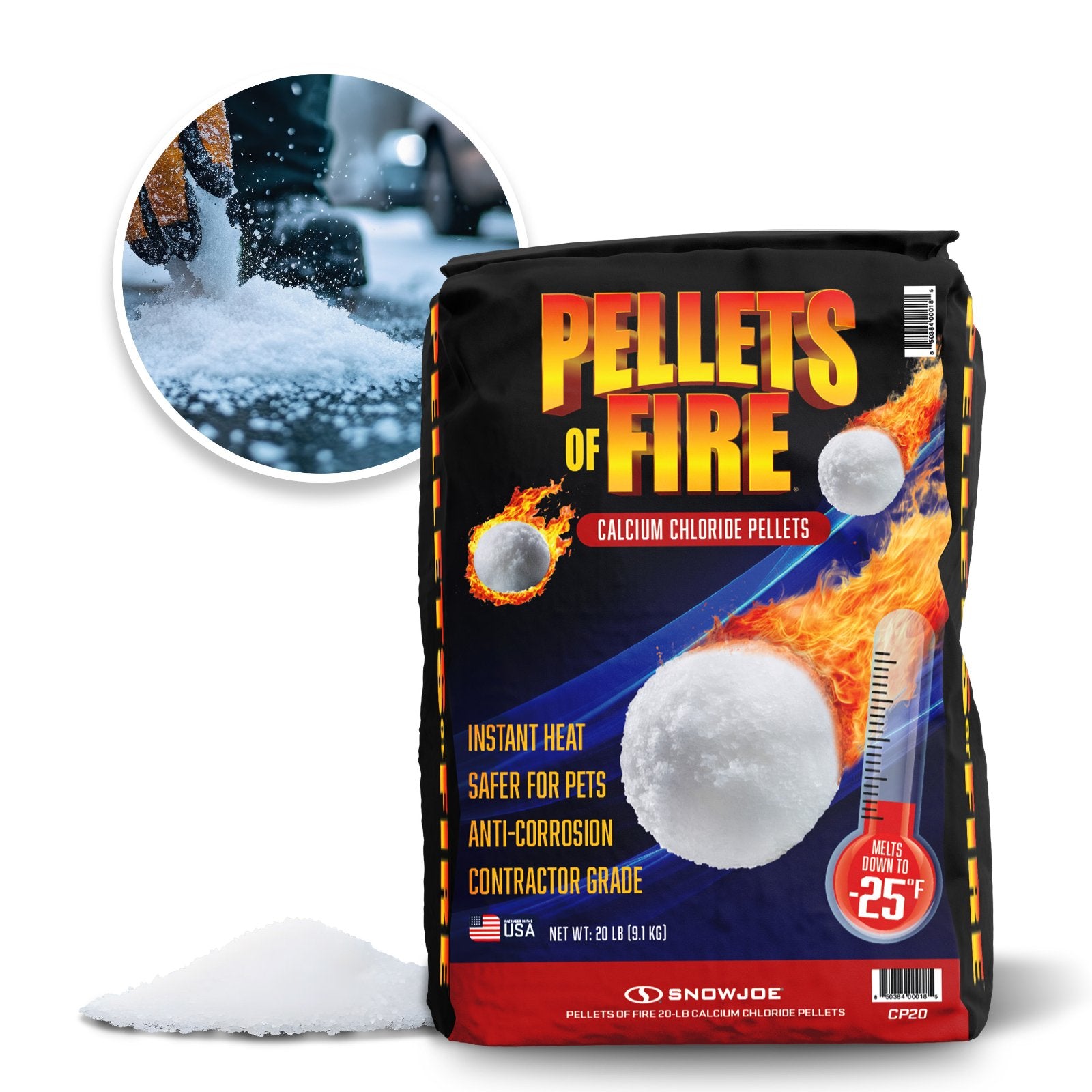 Snow Joe Pellets of Fire 20lb Calcium Chloride Ice Melt – Fast-Acting Blue Pellets