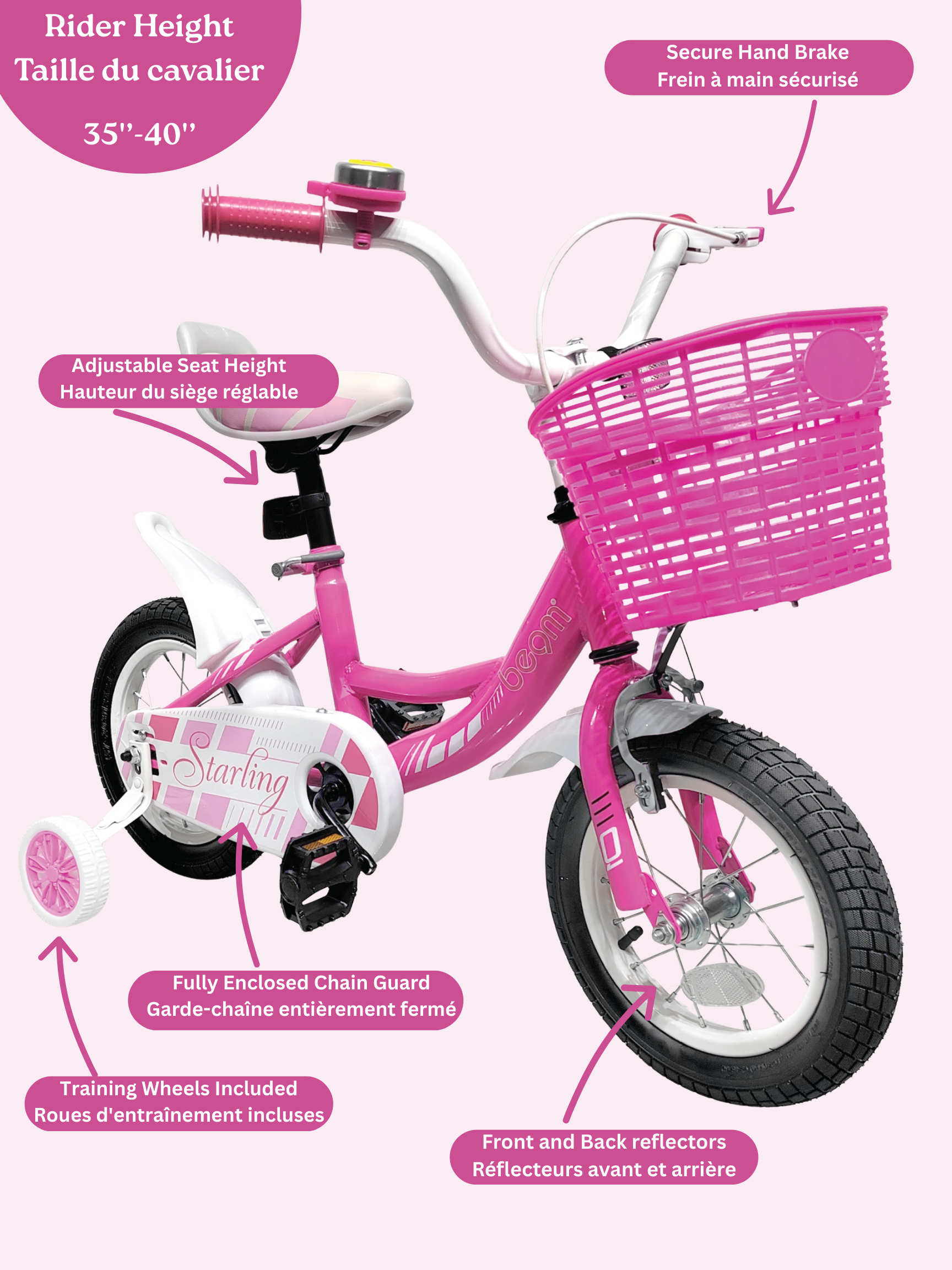 Beam Sports 12" Pink Kids Bike With Training Wheels (Ages 2-5)