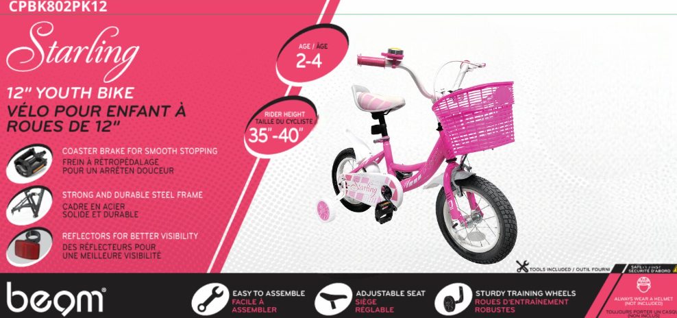 Beam Sports 12" Pink Kids Bike With Training Wheels (Ages 2-5)
