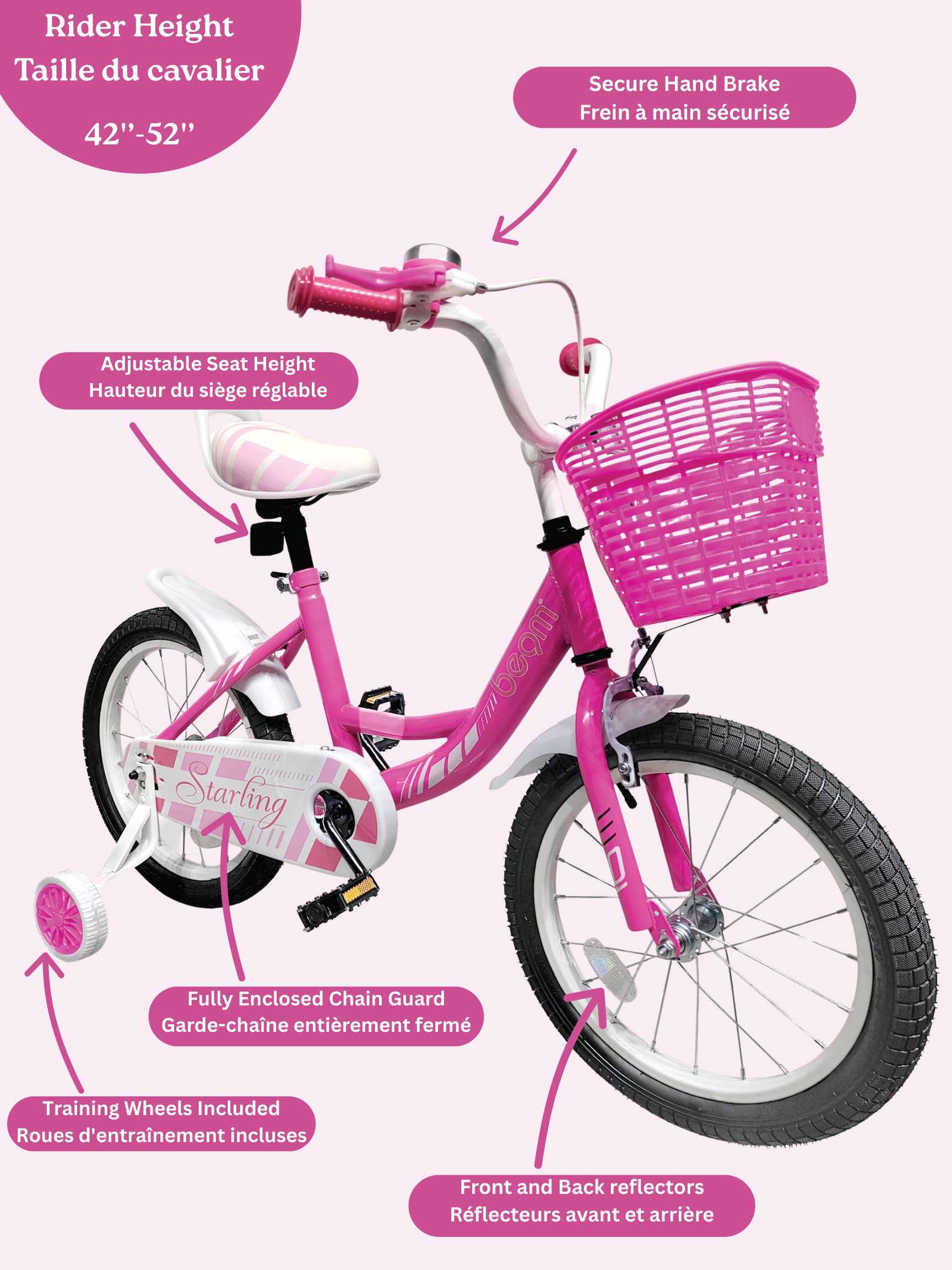 Beam Sports 16" Pink Kids Bike With Training Wheels (Ages 4-7)