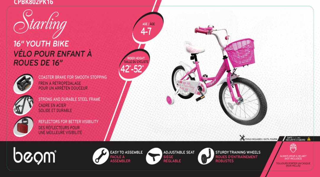 Beam Sports 16" Pink Kids Bike With Training Wheels (Ages 4-7)