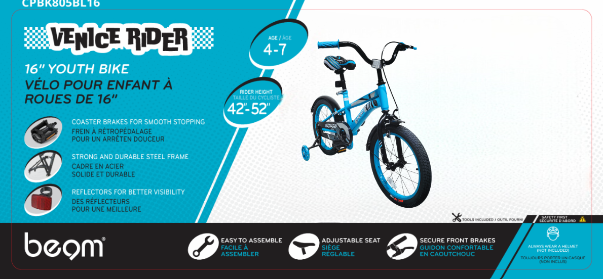 Beam Sports 16" Blue Kids Bike With Training Wheels (Ages 4-7)