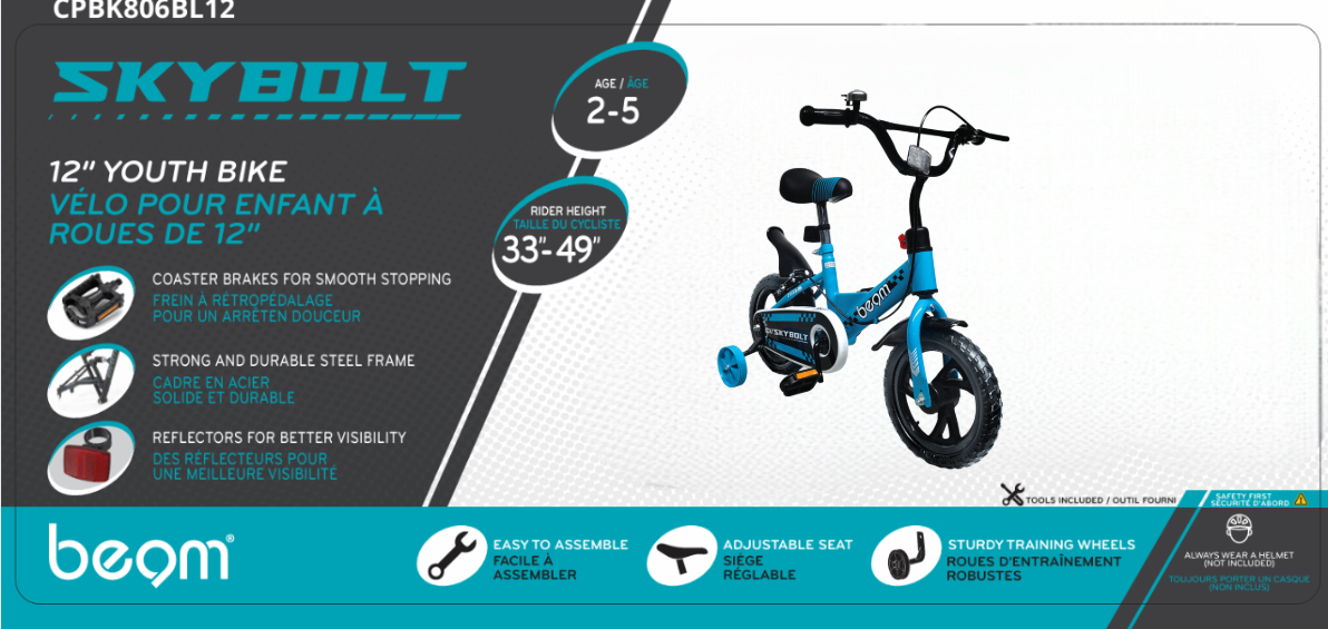 Beam Sports 12" Blue Kids Beginners Bike With Training Wheels (Ages 2-5)