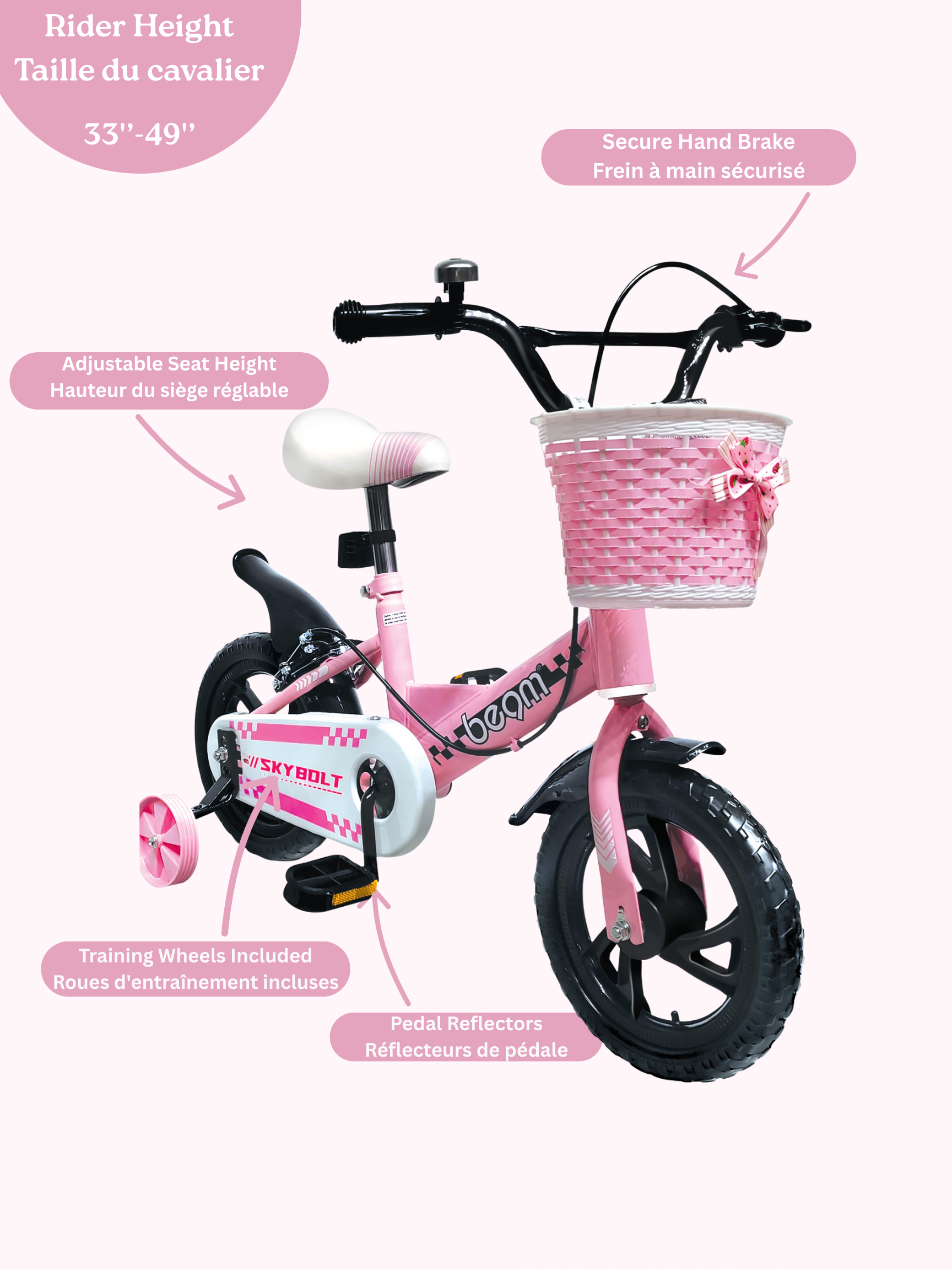 Beam Sports 12" Pink Kids Beginners Bike With Training Wheels (Ages 2-5)