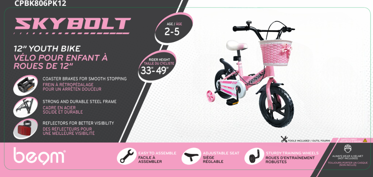 Beam Sports 12" Pink Kids Beginners Bike With Training Wheels (Ages 2-5)