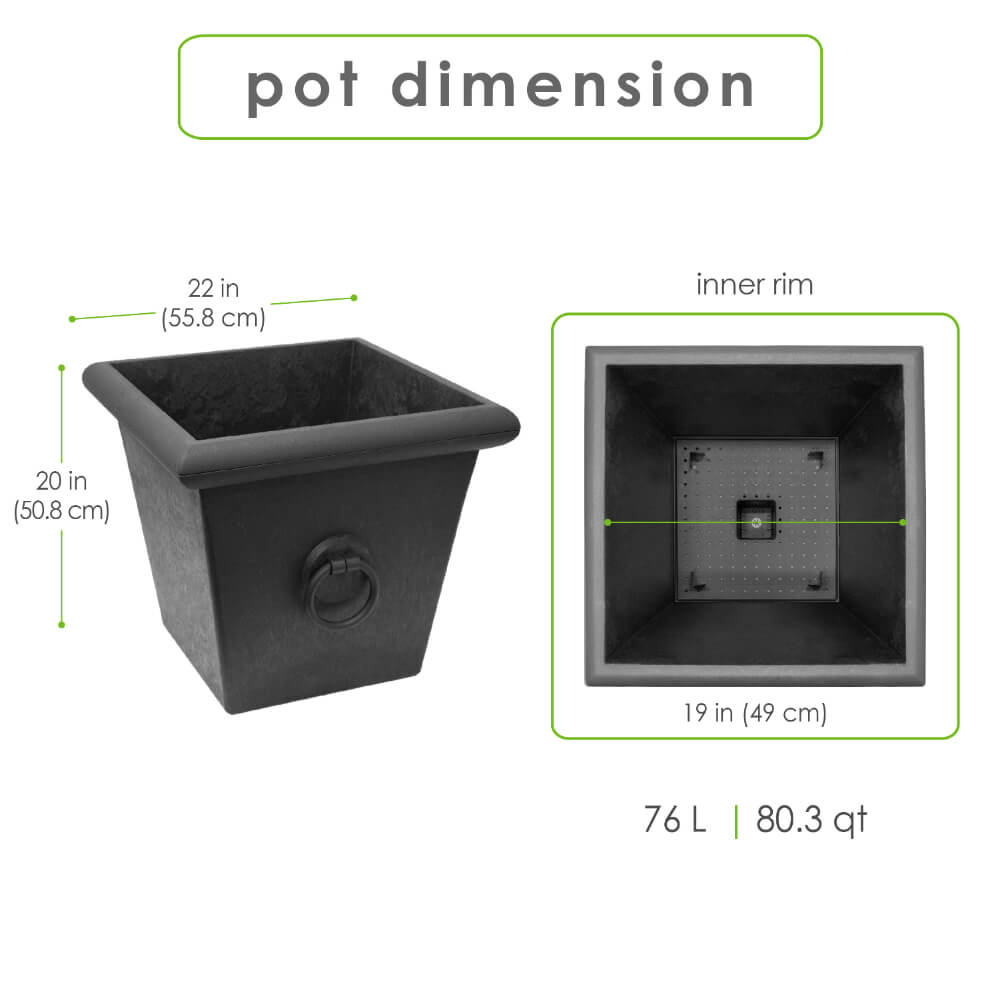 Tierra Verde 23in W x 20in H Piazza Large Square Statement Recycled Materials Self-Watering Indoor/Outdoor Planter Pot, Black