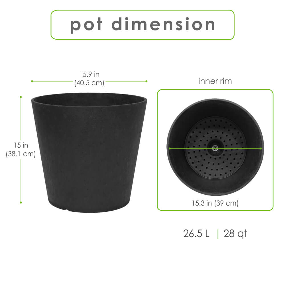Tierra Verde 15" W x 15" H Ostinato Modern Tapered Self-Watering Planter - Black, Indoor/Outdoor
