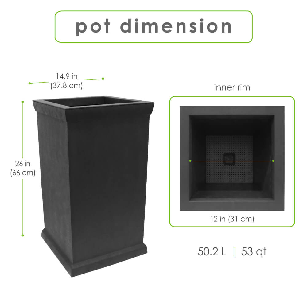 Tierra Verde 15in W x 26in H Allegro Smooth Large Recycled Self-Watering Indoor/Outdoor Column Planter-Black