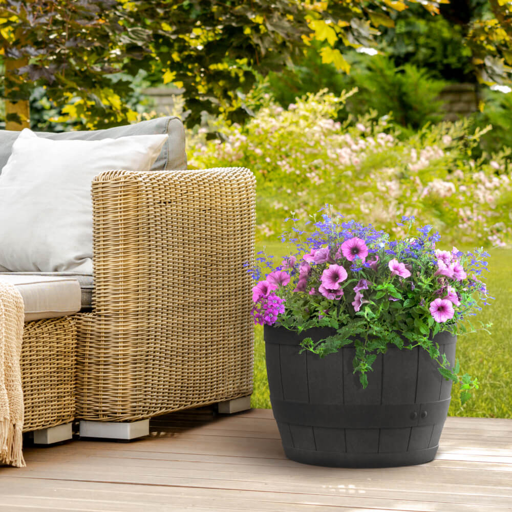 Tierra Verde 20" W x 14" H Whiskey Barrel Self-Watering Round Planter Pot - Black, Large, Indoor/Outdoor
