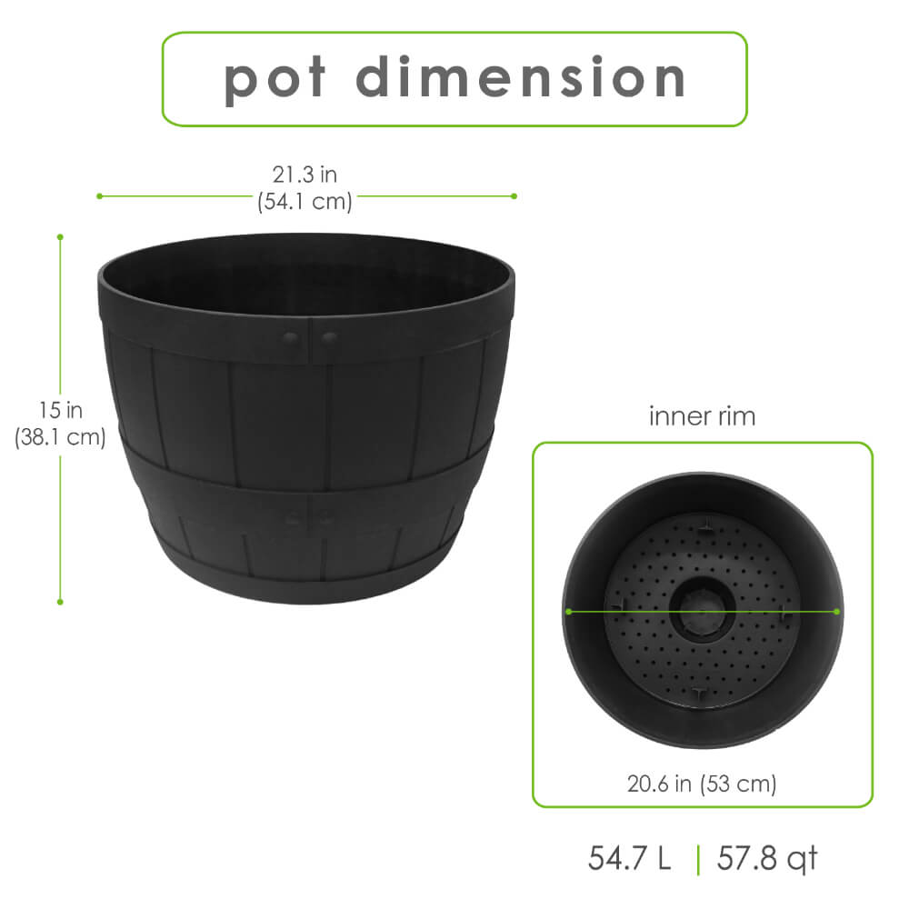 Tierra Verde 20" W x 14" H Whiskey Barrel Self-Watering Round Planter Pot - Black, Large, Indoor/Outdoor
