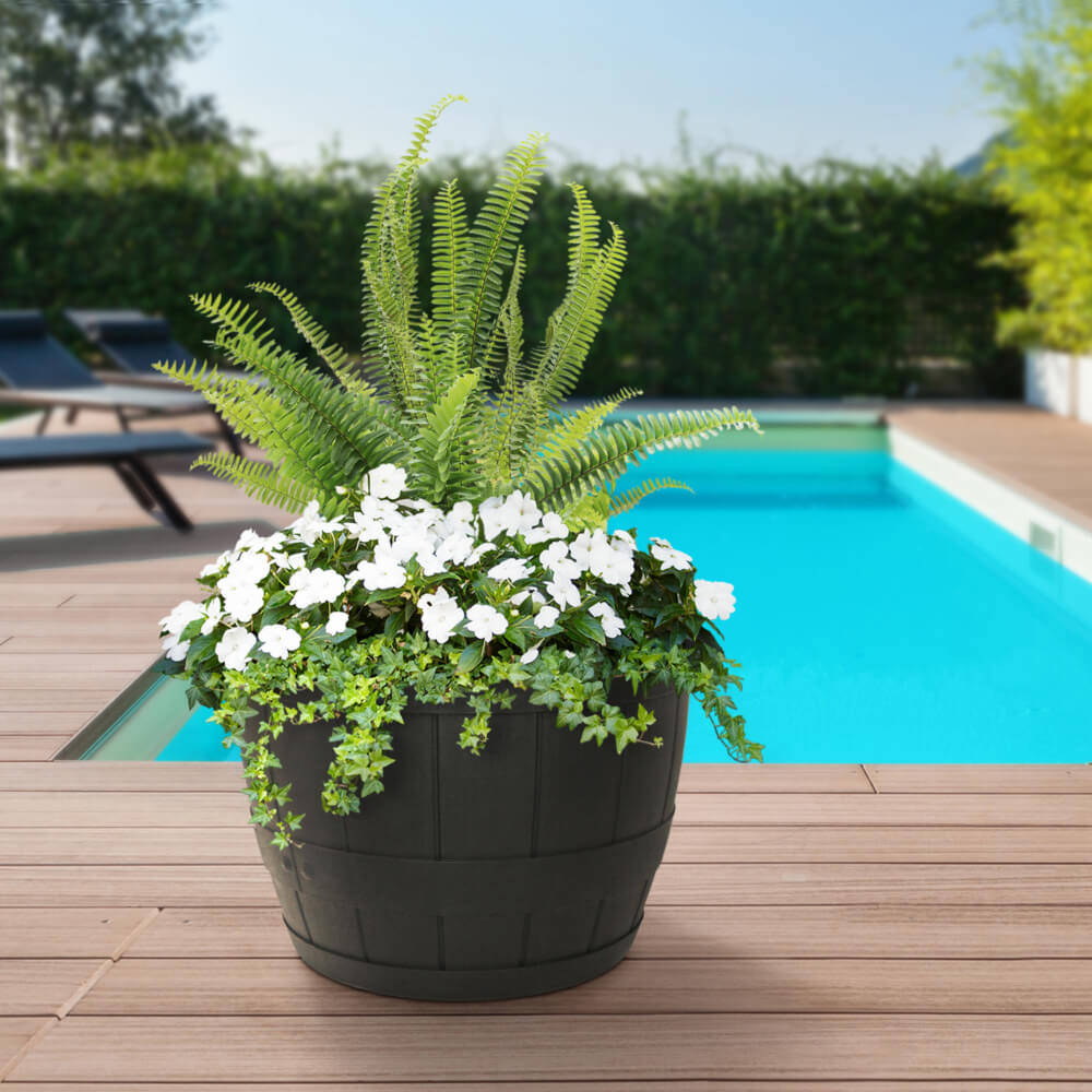 Tierra Verde 20" W x 14" H Whiskey Barrel Self-Watering Round Planter Pot - Black, Large, Indoor/Outdoor