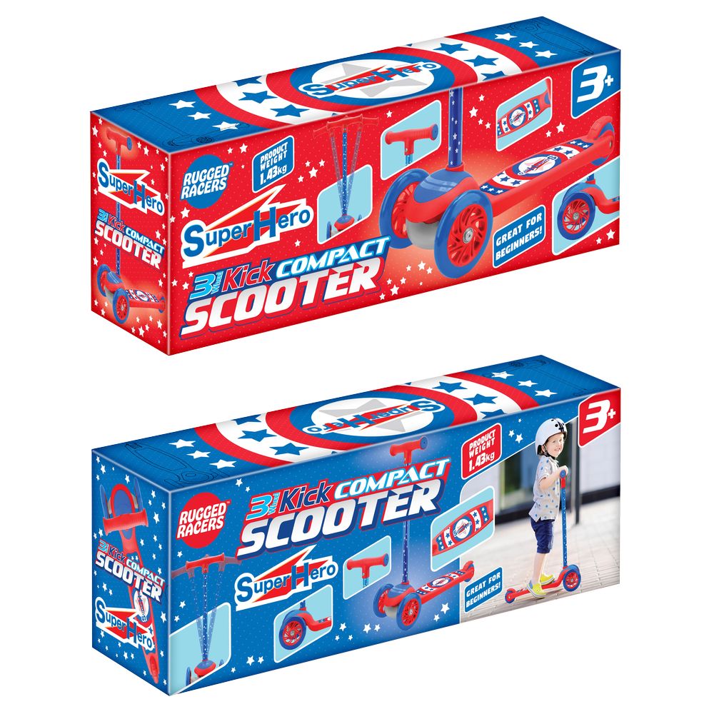 Rugged Racer Superhero Design Compact Kids 3 Wheel Scooter